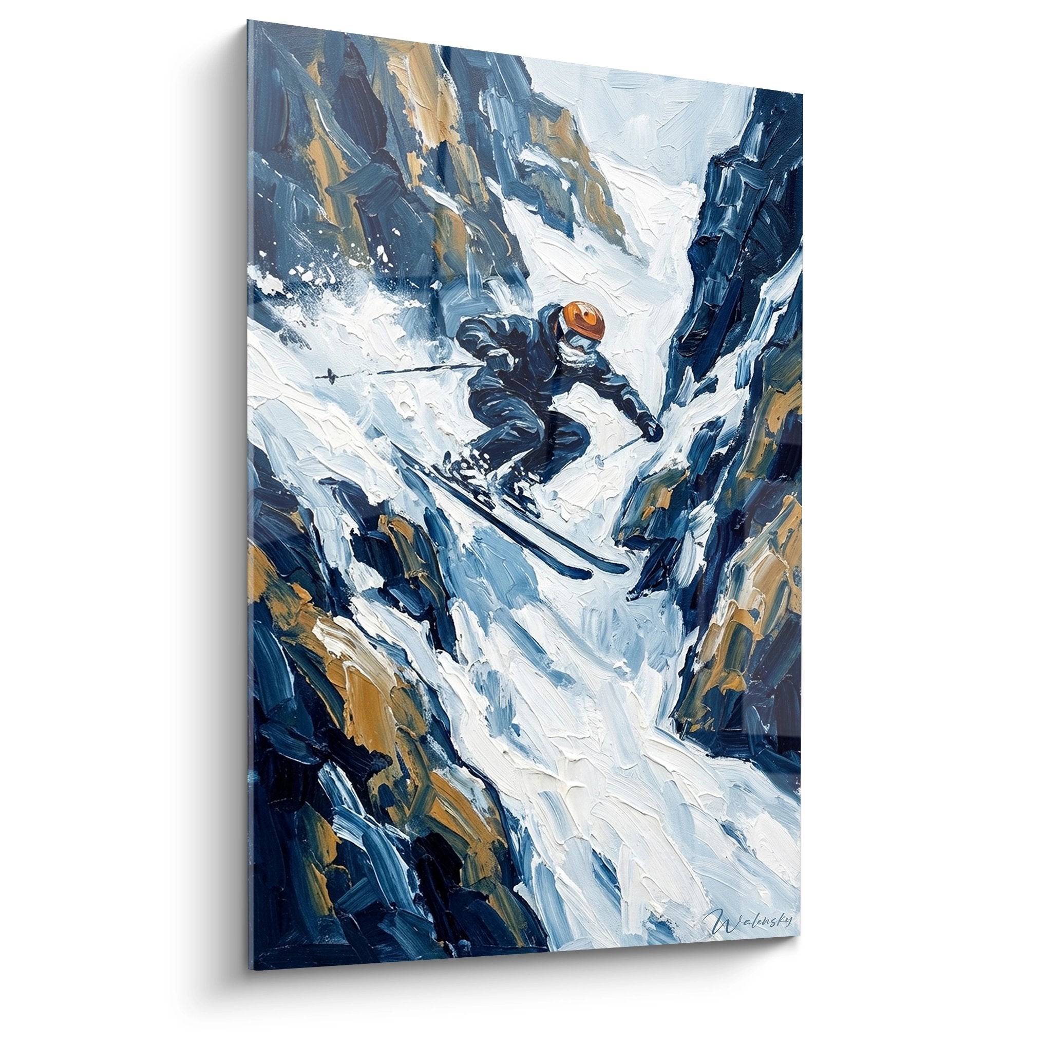 Tableau peinture skieur freestyle descendant couloir glaciaire neige poudreuse casque orange art montagne