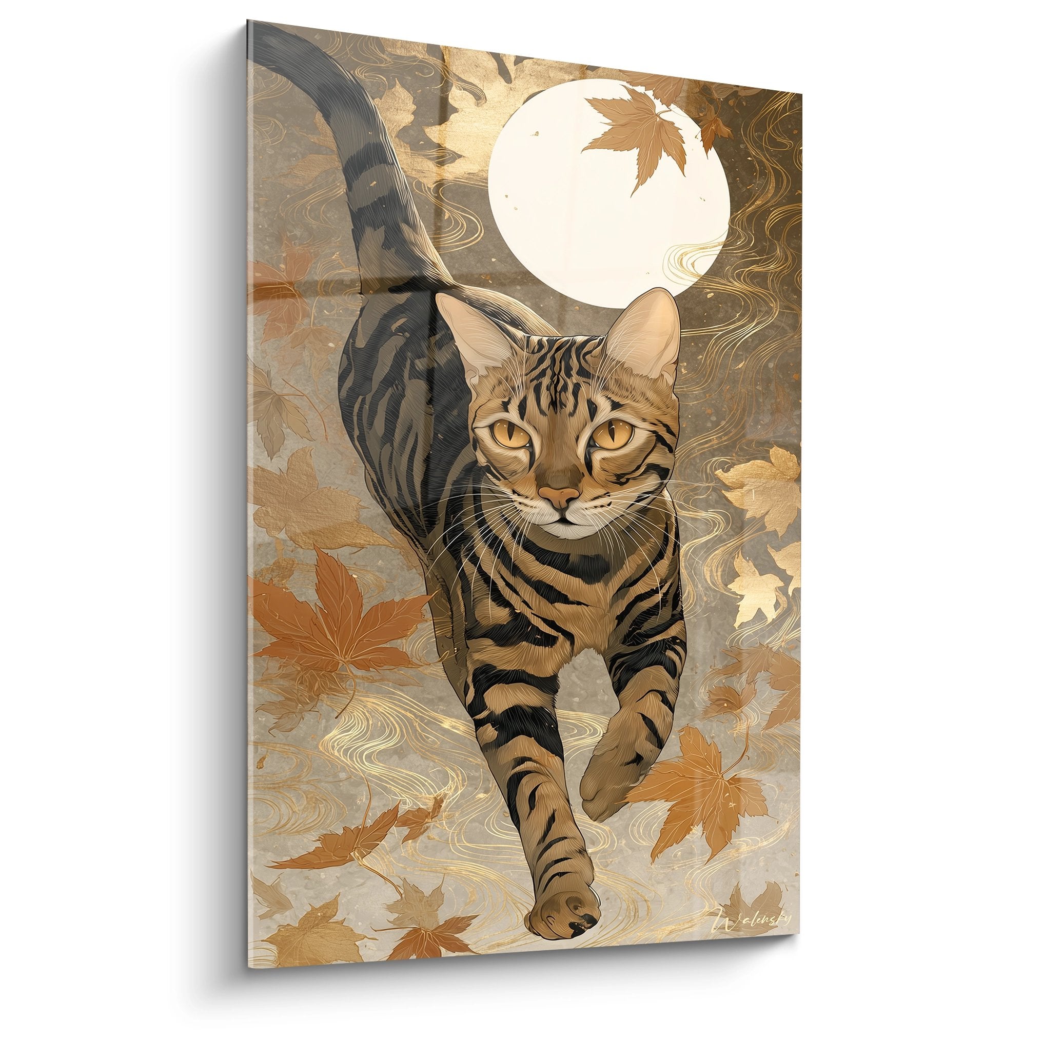 Tableau artistic chat Toyger tigré marchant sous pleine lune avec feuilles automne dorées style japonais