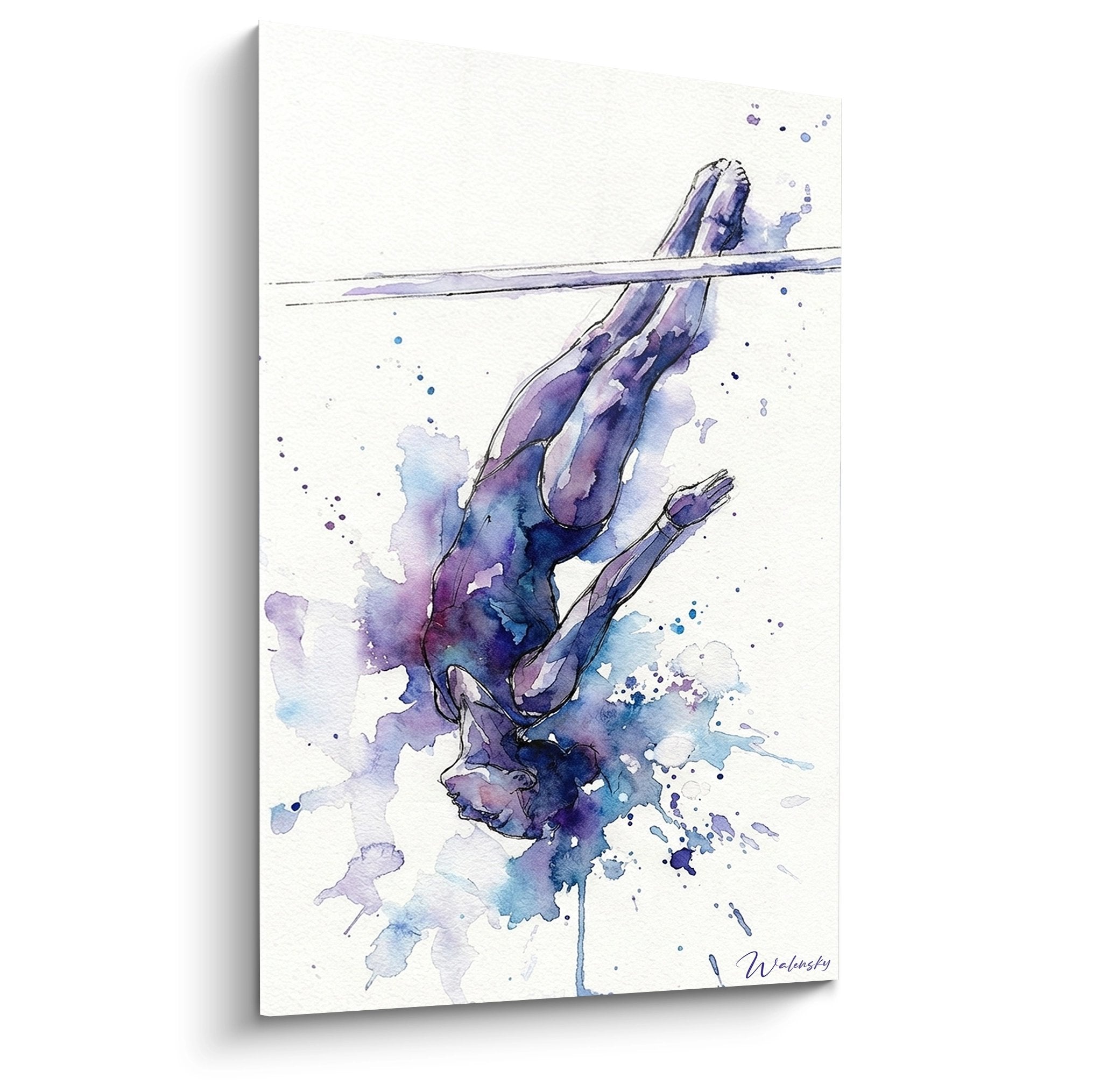 Tableau aquarelle gymnastique plongeon artistique couleurs bleues violettes mouvement fluide sport