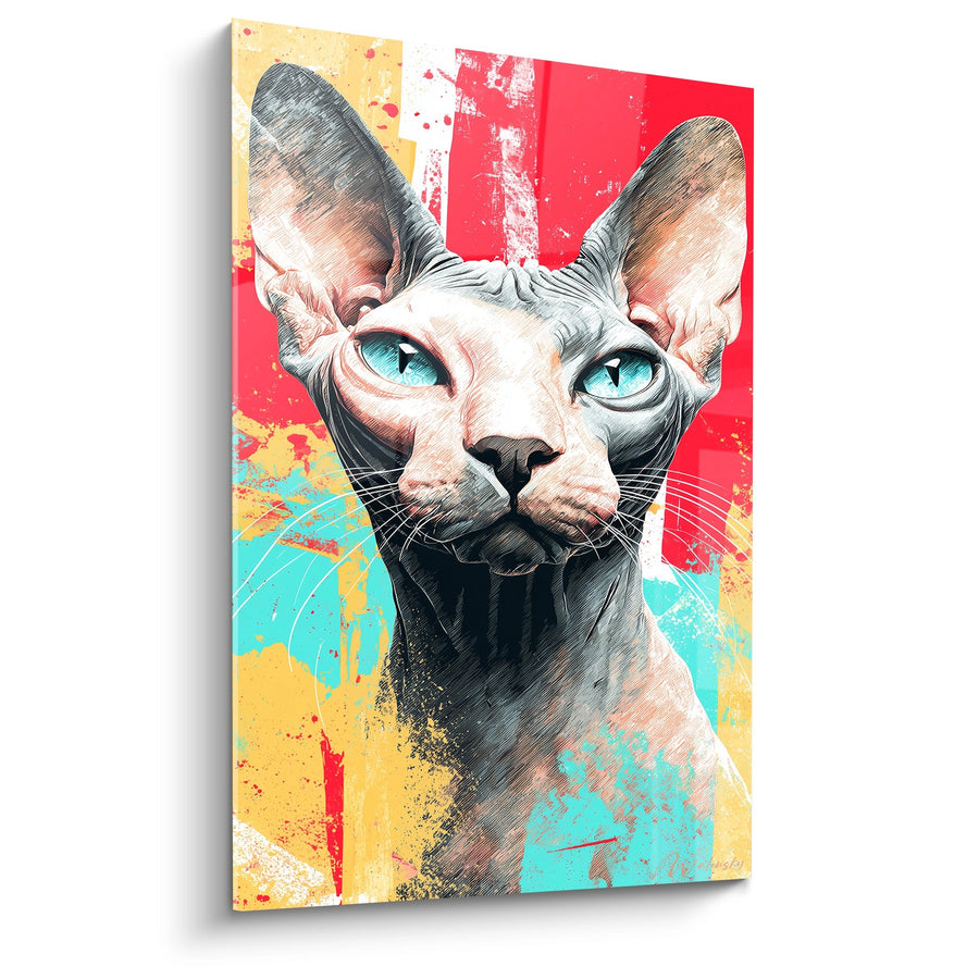 Tableau Chat Sphynx Pop Art - Regard Turquoise - Edition chat Sphynx