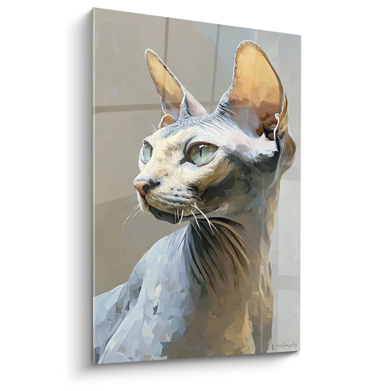 Quadro artistico gatto Sphynx maestoso con occhi turchesi, ritratto felino elegante stile moderno