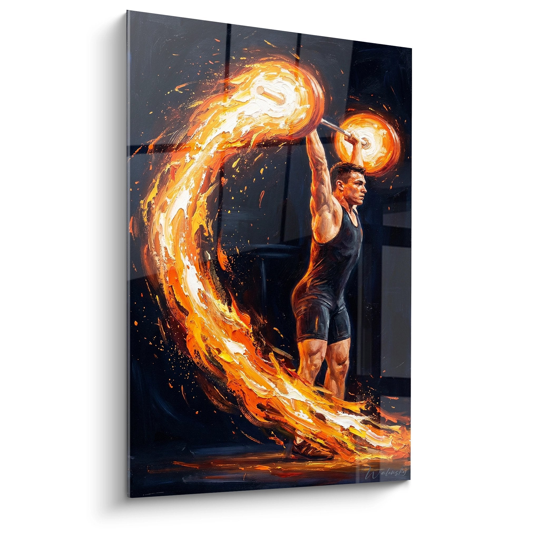 Tableau crossfit athlète kettlebell flammes orange décoration salle sport art mural motivation fitness