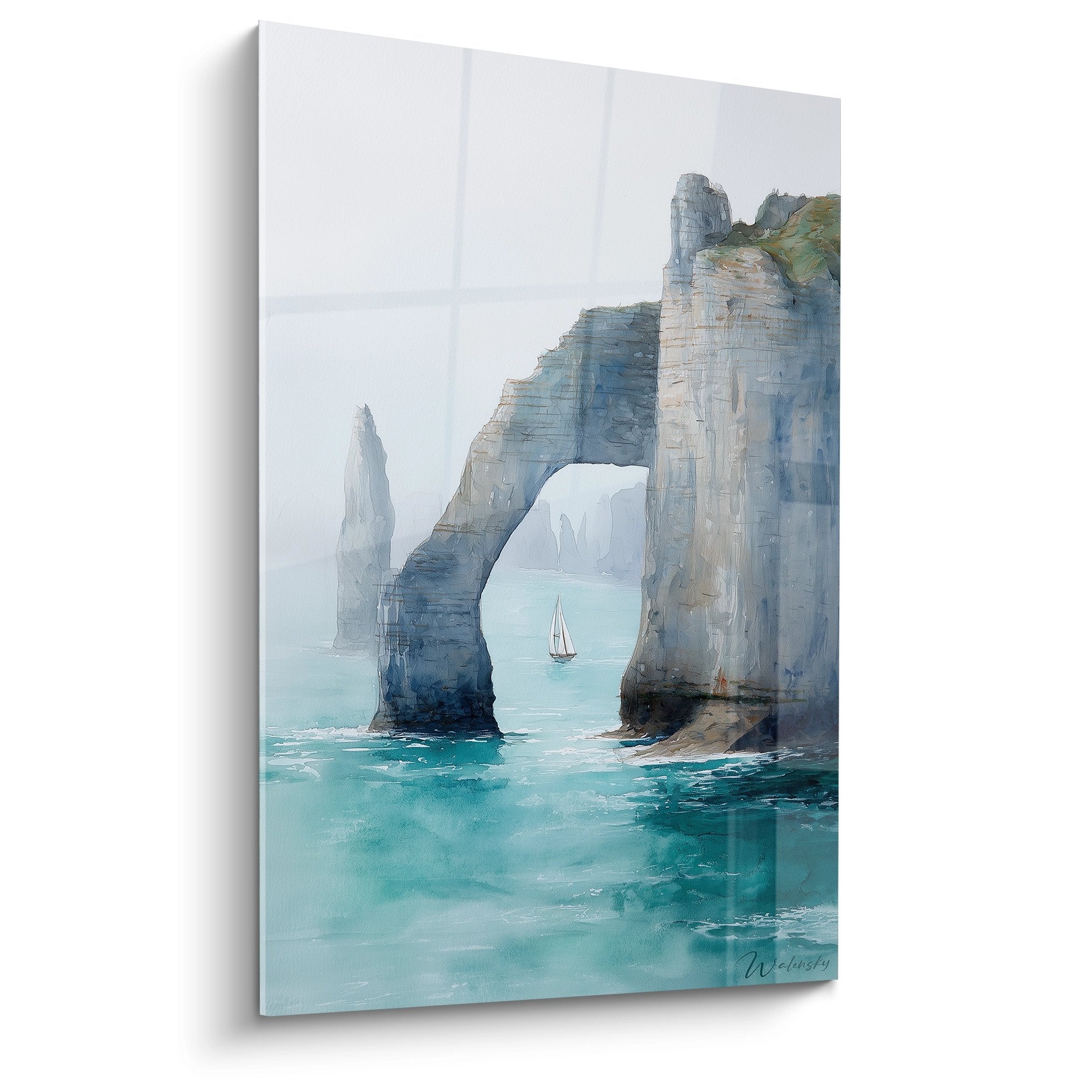 Quadro scogliere di Etretat con arco naturale e vela su mare turchese, stile artistico moderno Normandia