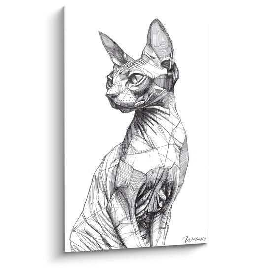 Sphynx-Katze Skizze Gemälde - Künstlerisches Schwarzweiß-Porträt - Sphynx-Katzen Edition