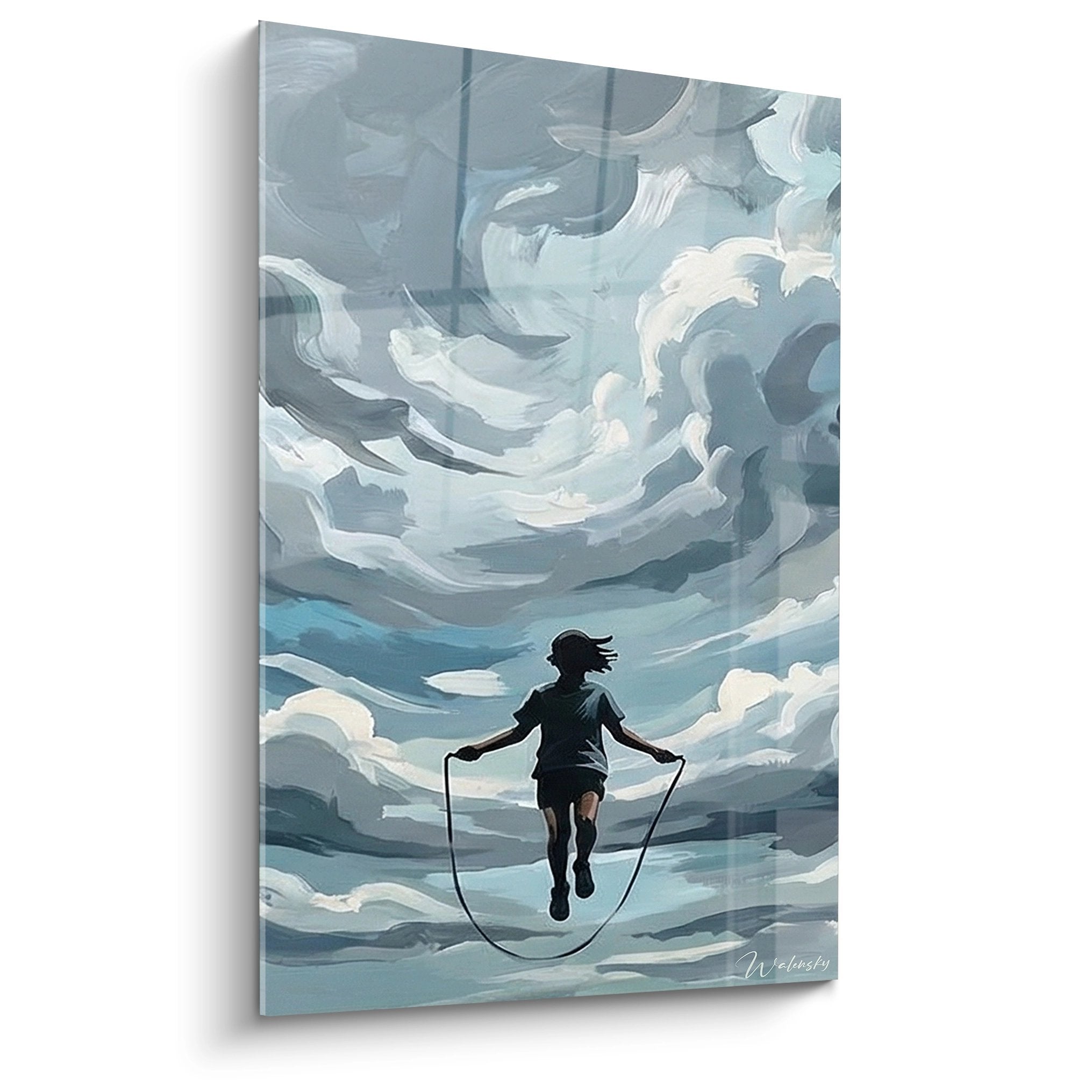 Tableau artistique montrant silhouette femme sautant corde dans ciel nuageux bleu et gris, art mural sport moderne