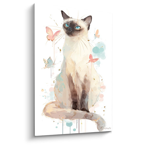 Schilderij Siamese Kat Aquarel - Katten Gratie met Vlinders - Editie Siamese kat