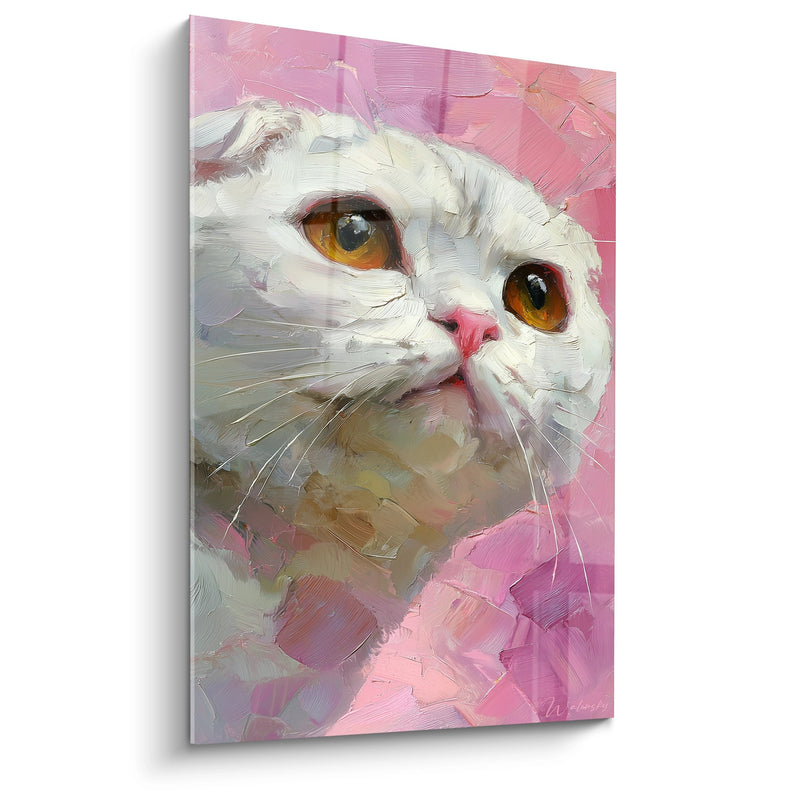 Scottish Fold Cat Painting Amber Eyes - Pink Tenderness - Scottish Fold Cat Edition