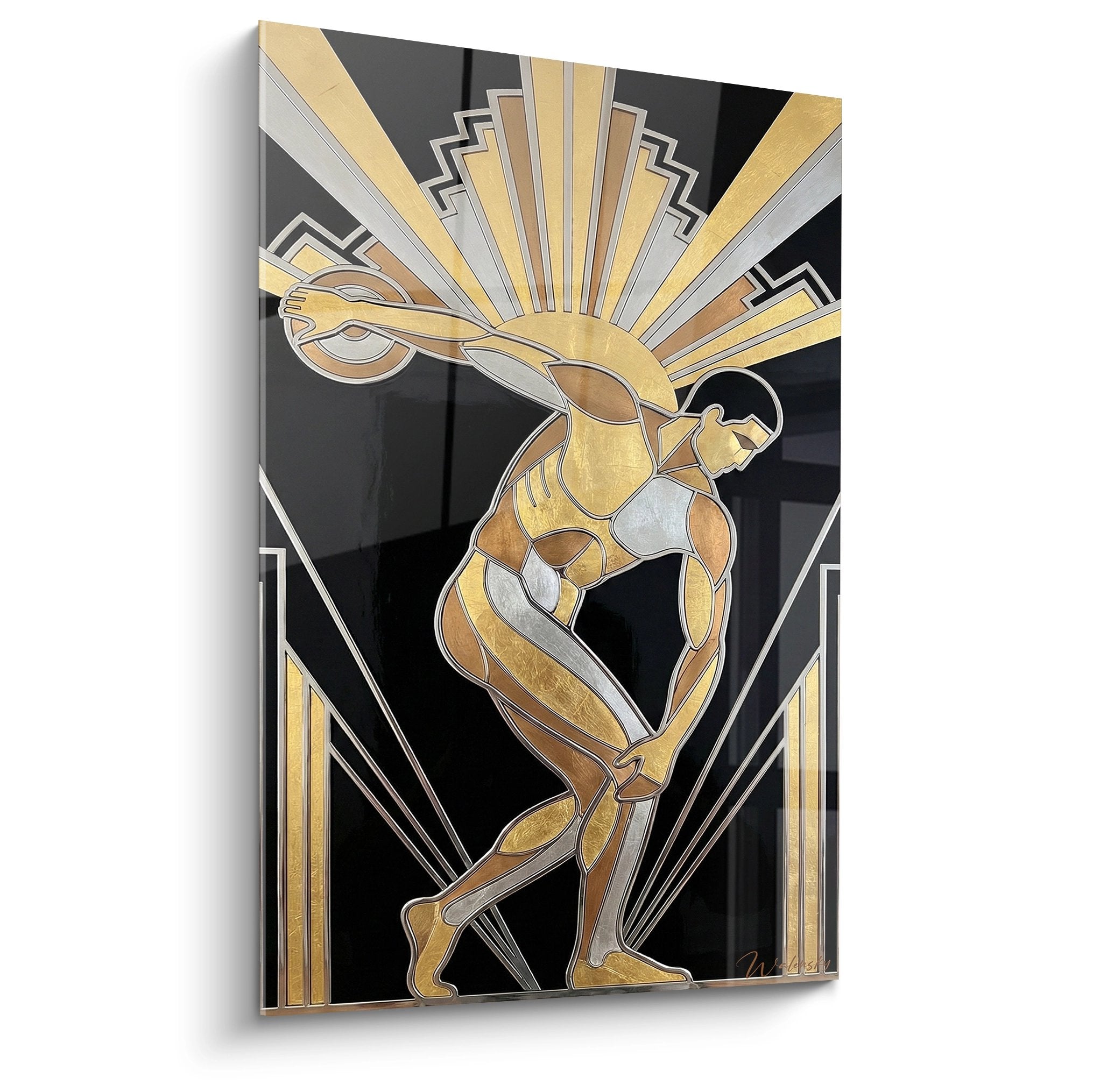 Tableau mural art déco représentant un coureur stylisé avec finitions dorées et rayons solaires sur fond noir