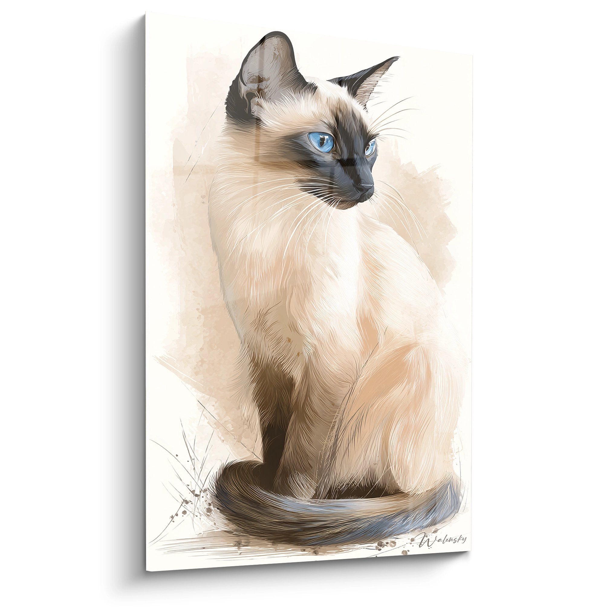 Portrait artistique d'un chat Balinais aux yeux bleus sur toile, pelage crème et chocolat, style réaliste élégant