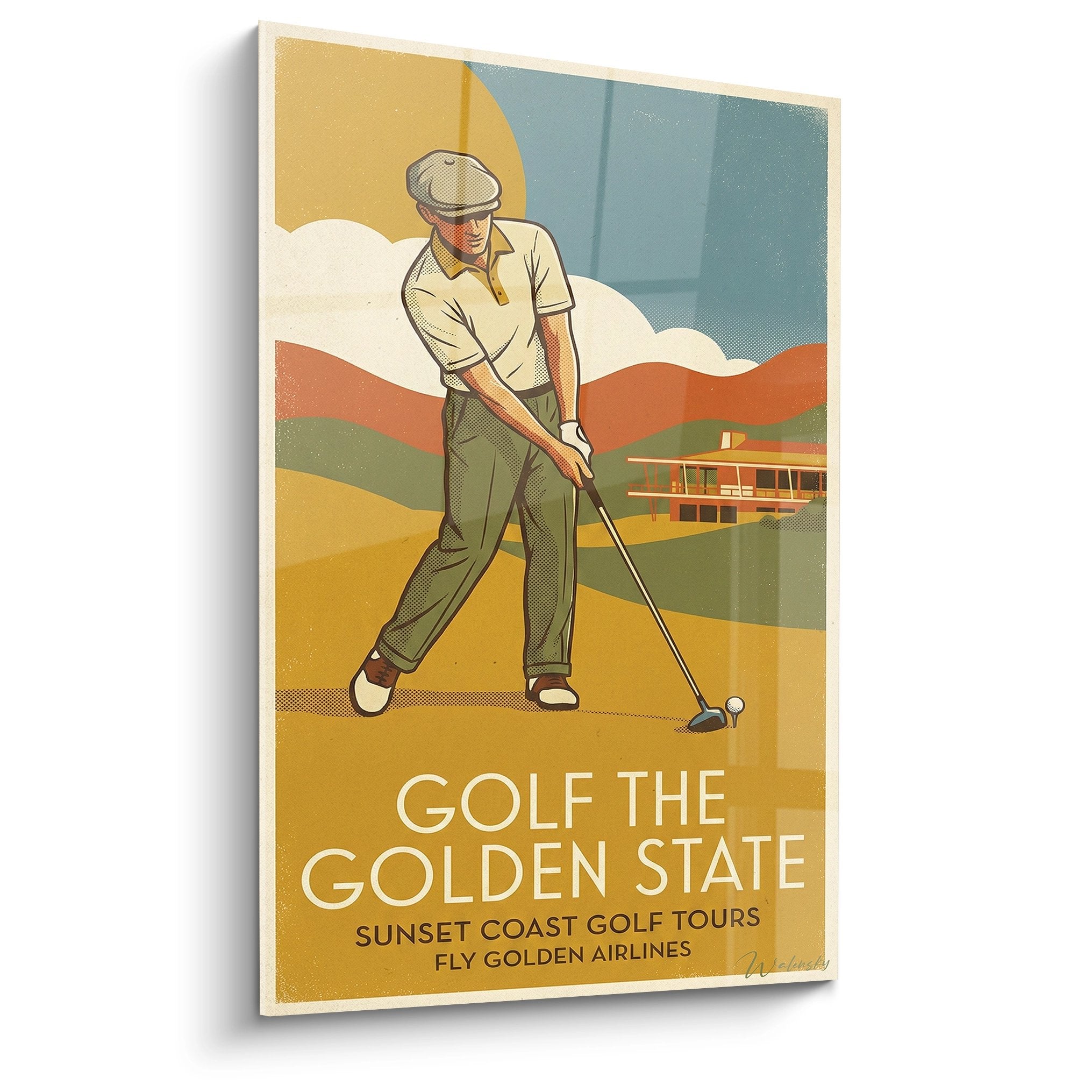 Tableau golf vintage style art déco montrant golfeur en béret sur parcours californien avec paysage doré