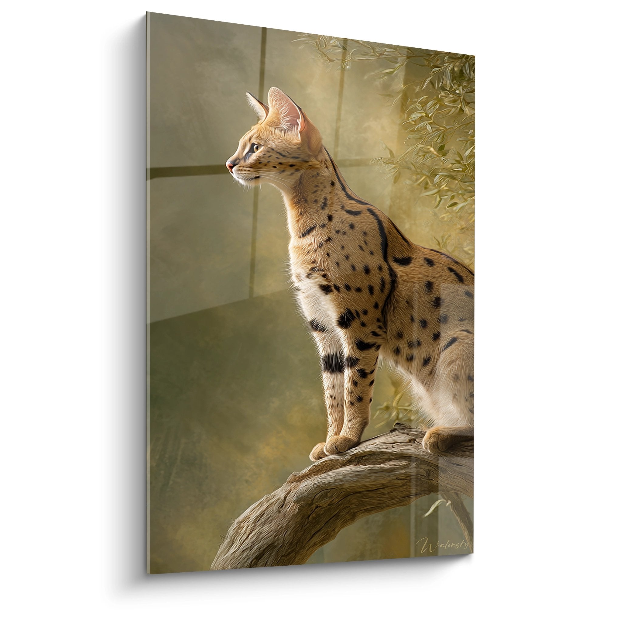 Tableau chat Savannah tacheté perché sur branche, pelage doré, décoration murale art félin premium