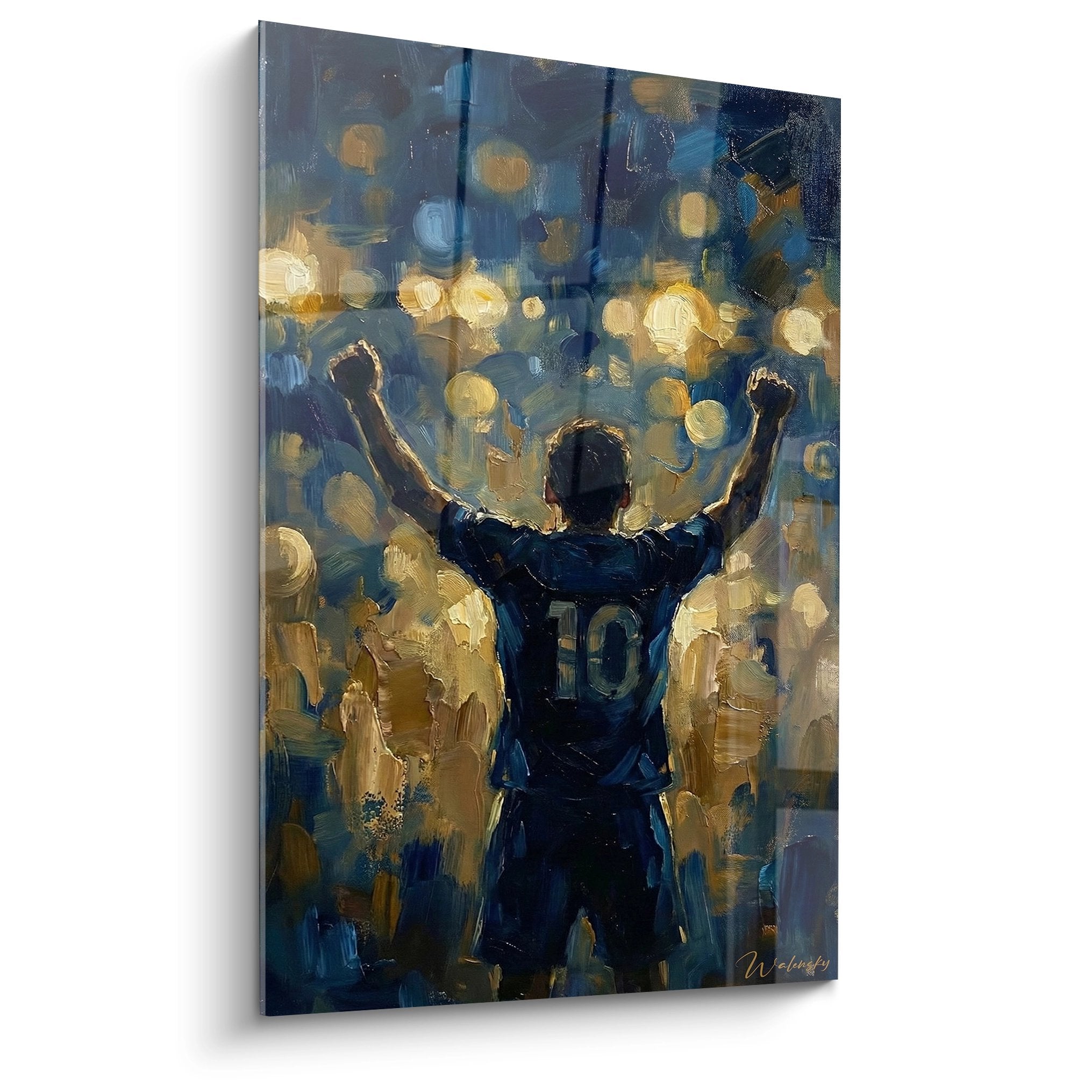 Tableau art mural footballeur celebrant victoire bras leves maillot bleu numero 10 style impressionniste moderne