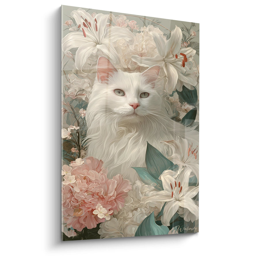 Tableau Chat Turkish Angora aux Lys Blancs - Jardin Fleuri - Edition chat Turkish Angora