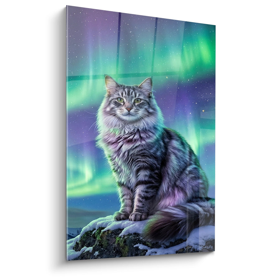 Tableau Chat Norwegian Forest Cat sous Aurores Boréales - Magie Nordique - Edition chat Norwegian Forest Cat