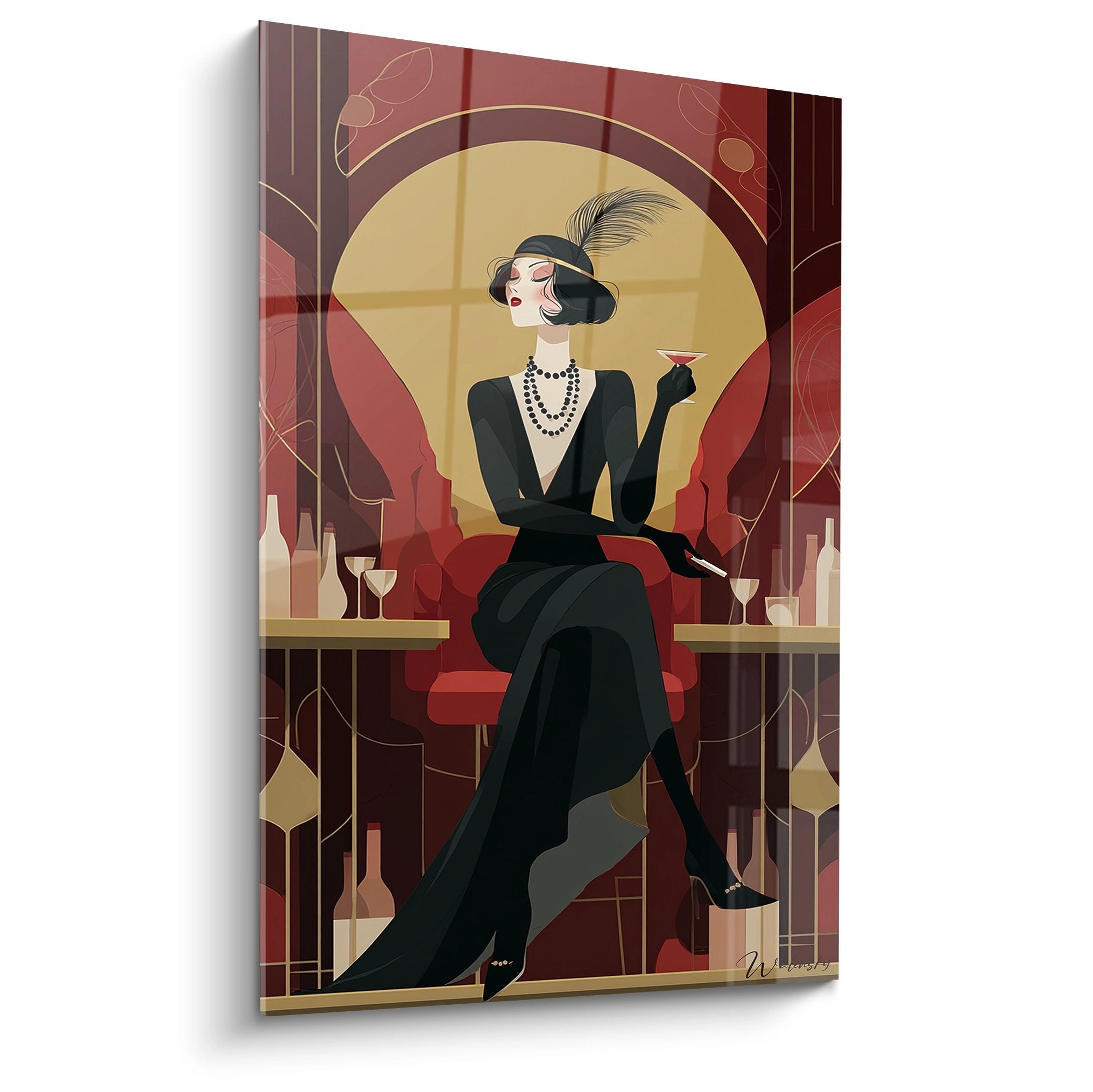 Tableau art déco femme élégante en robe noire tenant cocktail dans bar luxueux années 20 style vintage