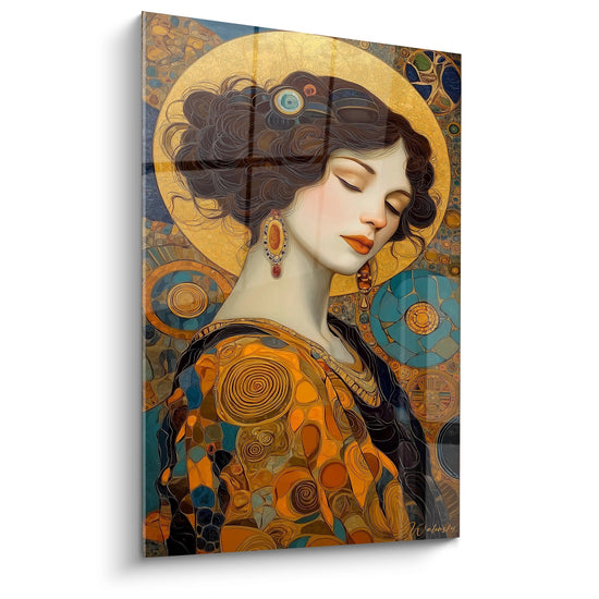 Tableau Art Nouveau femme aux spirales dorées et motifs décoratifs style Klimt sur toile