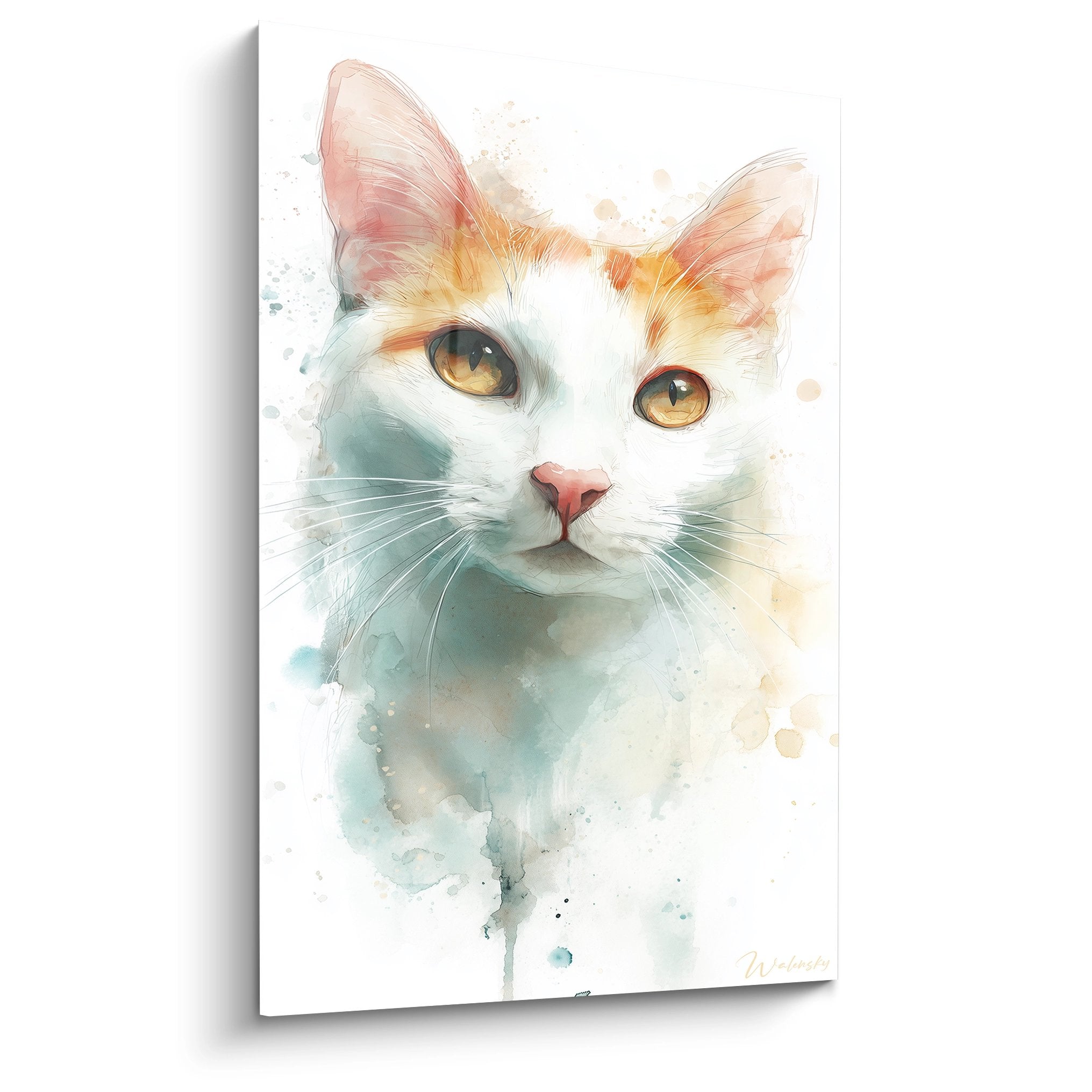 Tableau mural portrait chat Turkish Van style peinture artistique yeux dores pelage blanc orange