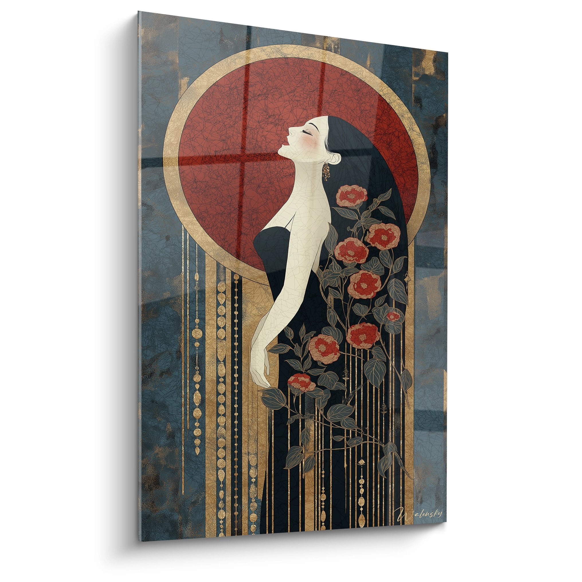 Quadro art déco donna elegante profilo rose rosse cerchio bordeaux sfondo blu dorato stile anni 1920