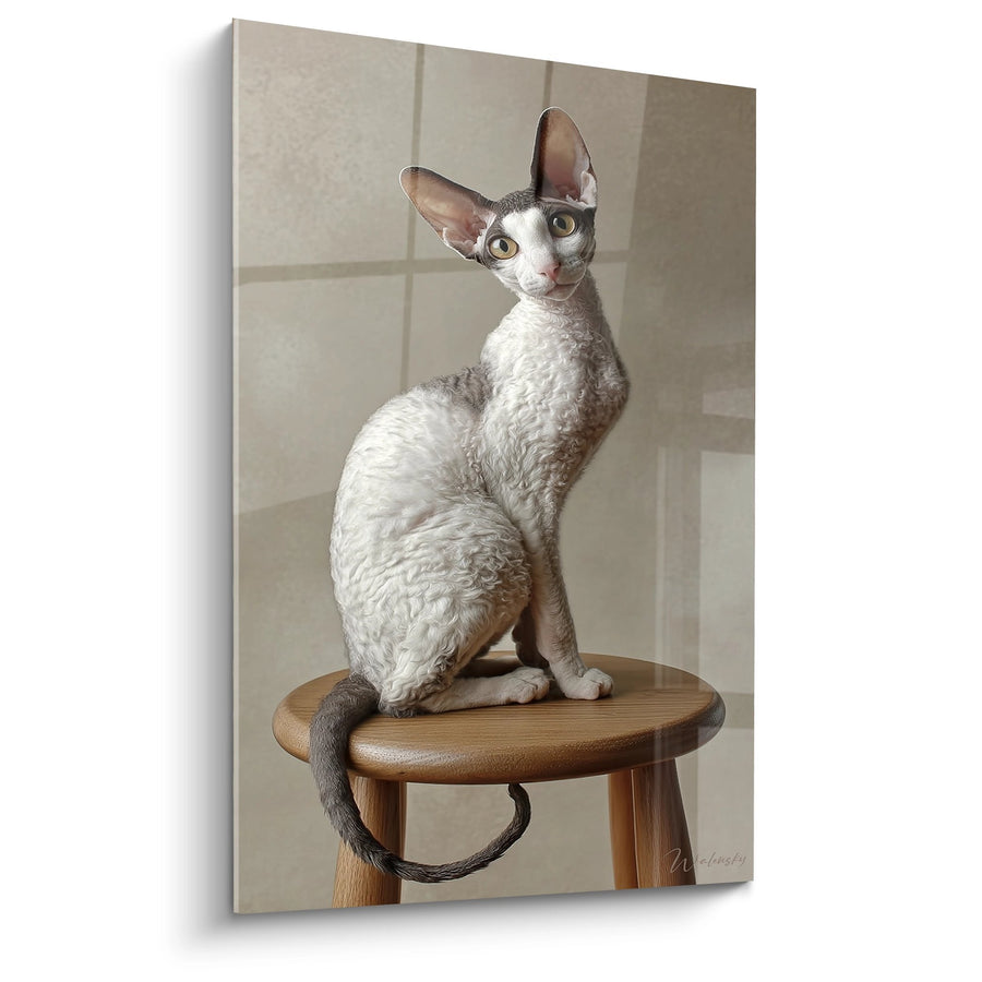 Tableau Chat Cornish Rex sur Tabouret - Portrait Élégant - Edition chat Cornish Rex