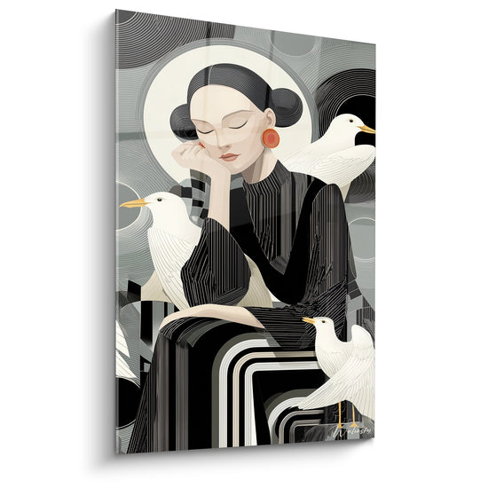 Quadro art déco donna elegante con gli occhi chiusi circondata da uccelli bianchi, stile geometrico bianco e nero