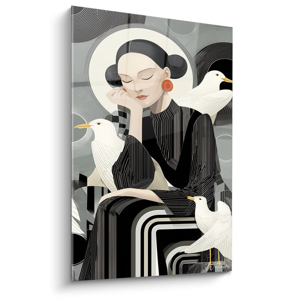 Gemälde Frau mit weißen Vögeln - Meditation Art Déco - Art-Déco-Edition