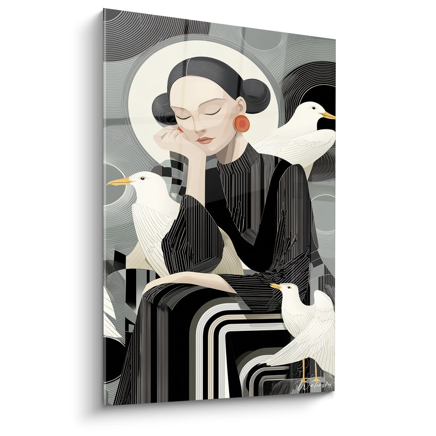 Tableau Femme aux Oiseaux Blancs - Méditation Art Déco - Edition Art déco