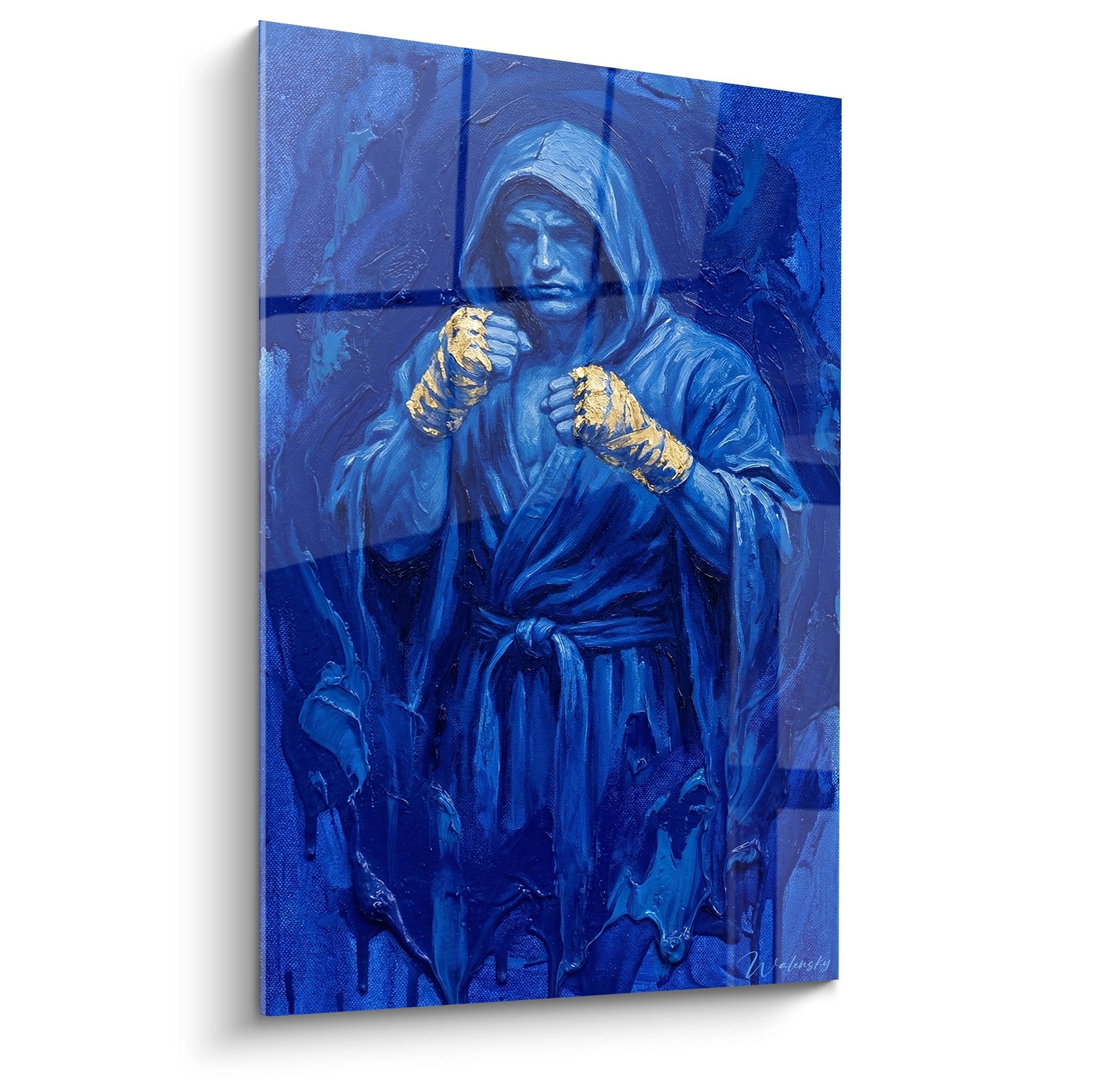 Tableau boxeur encapuchonne bleu avec gants dores en position de garde - art mural MMA moderne