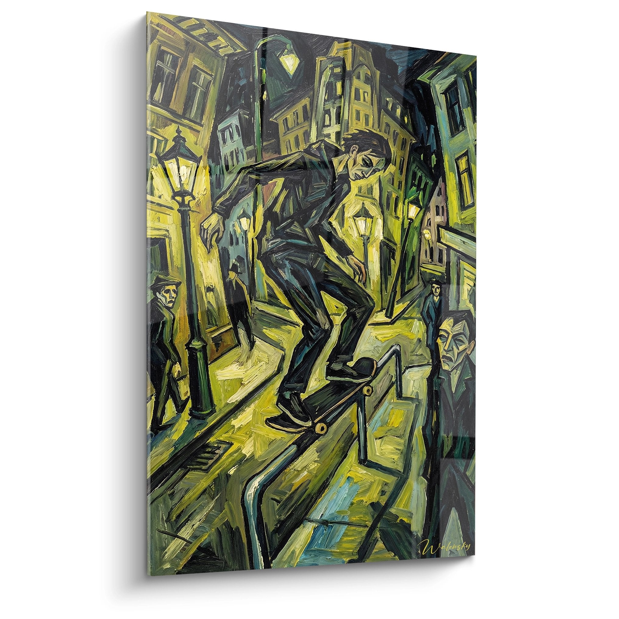 Tableau skateboard style street art montrant une scene urbaine nocturne avec personnage et buildings eclaires