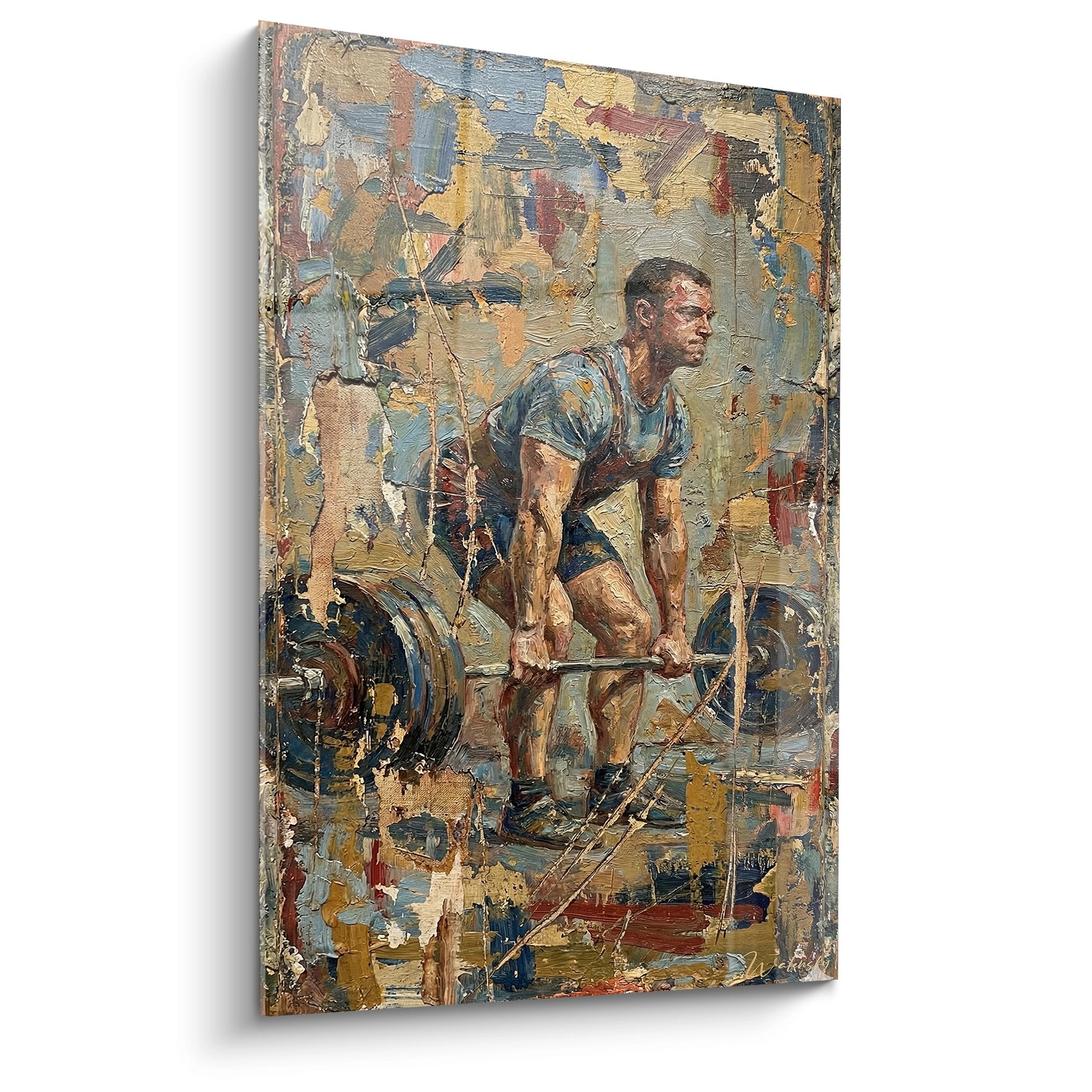 Tableau crossfit deadlift athlète souleve barre peinture texturee couleurs vintage art mural sportif