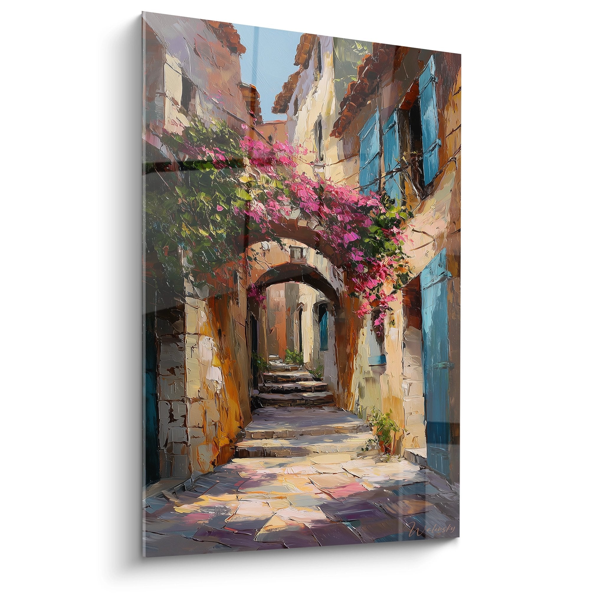 Tableau ruelle méditerranéenne avec volets bleus et bougainvilliers roses, passage voûté style Côte d'Azur