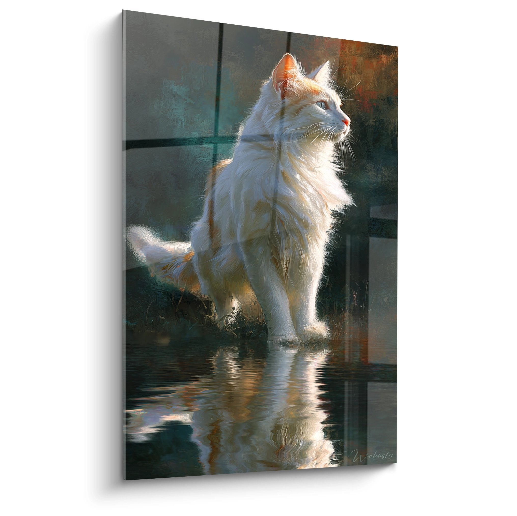 Tableau chat Turkish Van blanc et roux au bord de l'eau avec reflets lumineux sur toile decorative
