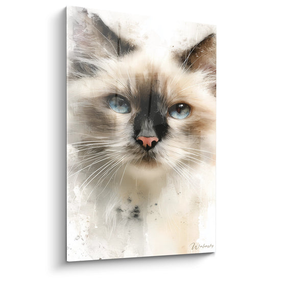 Tableau aquarelle chat Birman aux yeux bleus, style artistique moderne pour décoration murale