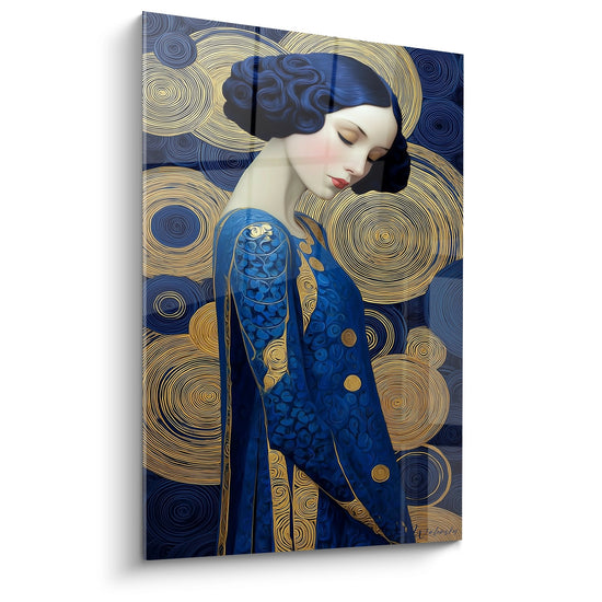 Tableau art déco femme geisha en kimono bleu et or avec motifs géométriques dorés sur fond spiral