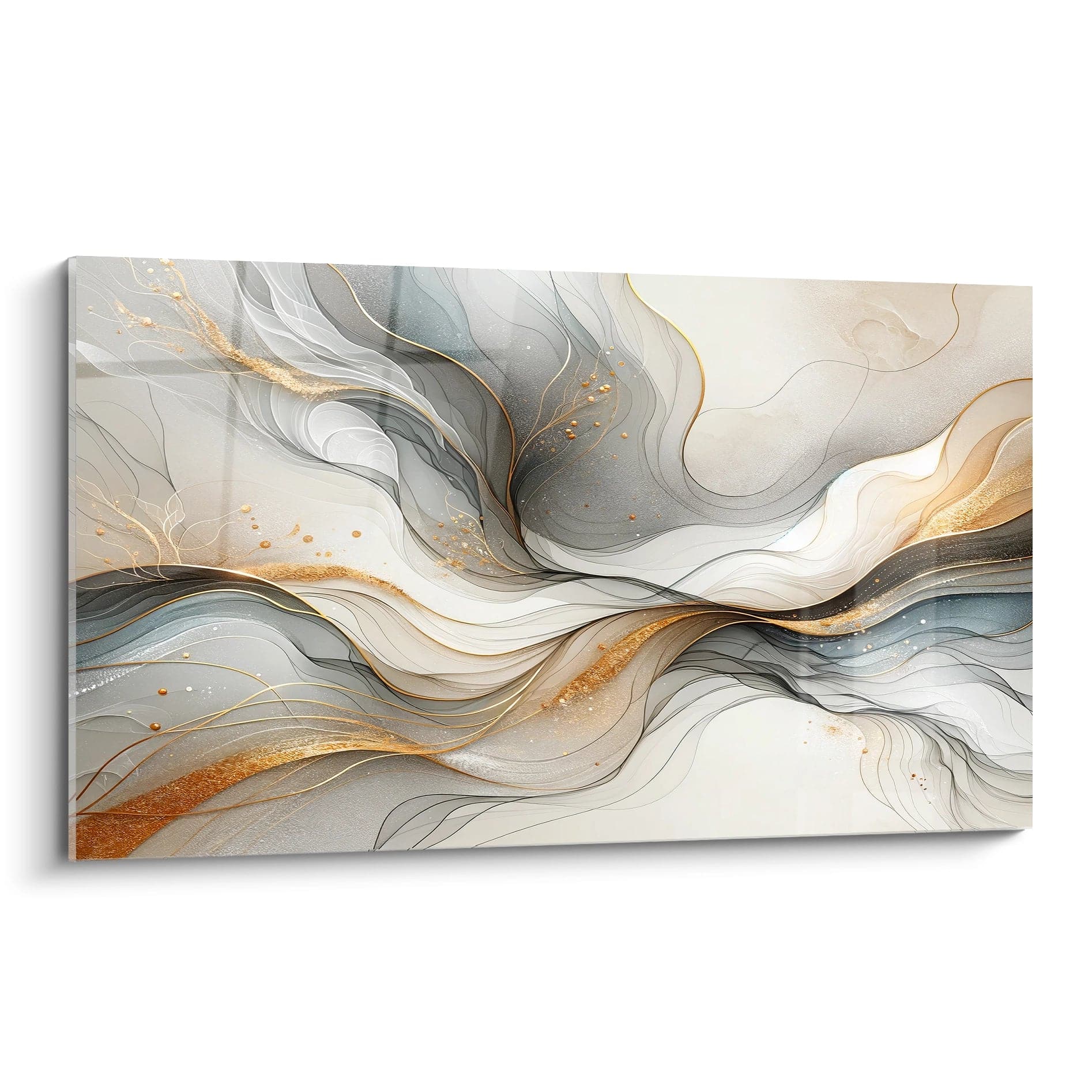 tableau abstrait coloré vue de biais avec des lignes ondulantes beige or et gris rappelant les courants aquatiques symbolisant fluidite et harmonie palette douce et minimaliste pour ambiance apaisante et elegante

