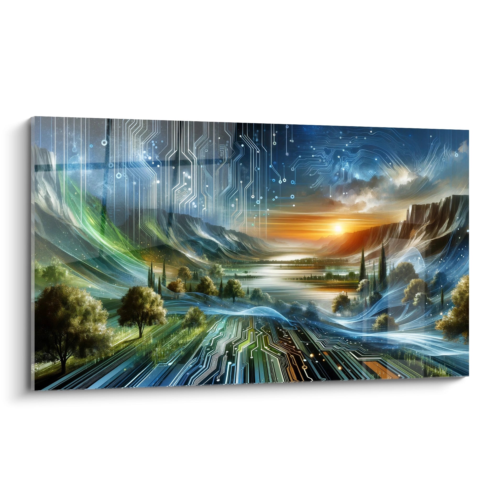 tableau paysage abstrait en verre acrylique vu de biais, inspire d'une fusion entre nature et technologie, apportant une harmonie visuelle et une touche futuriste a votre espace

