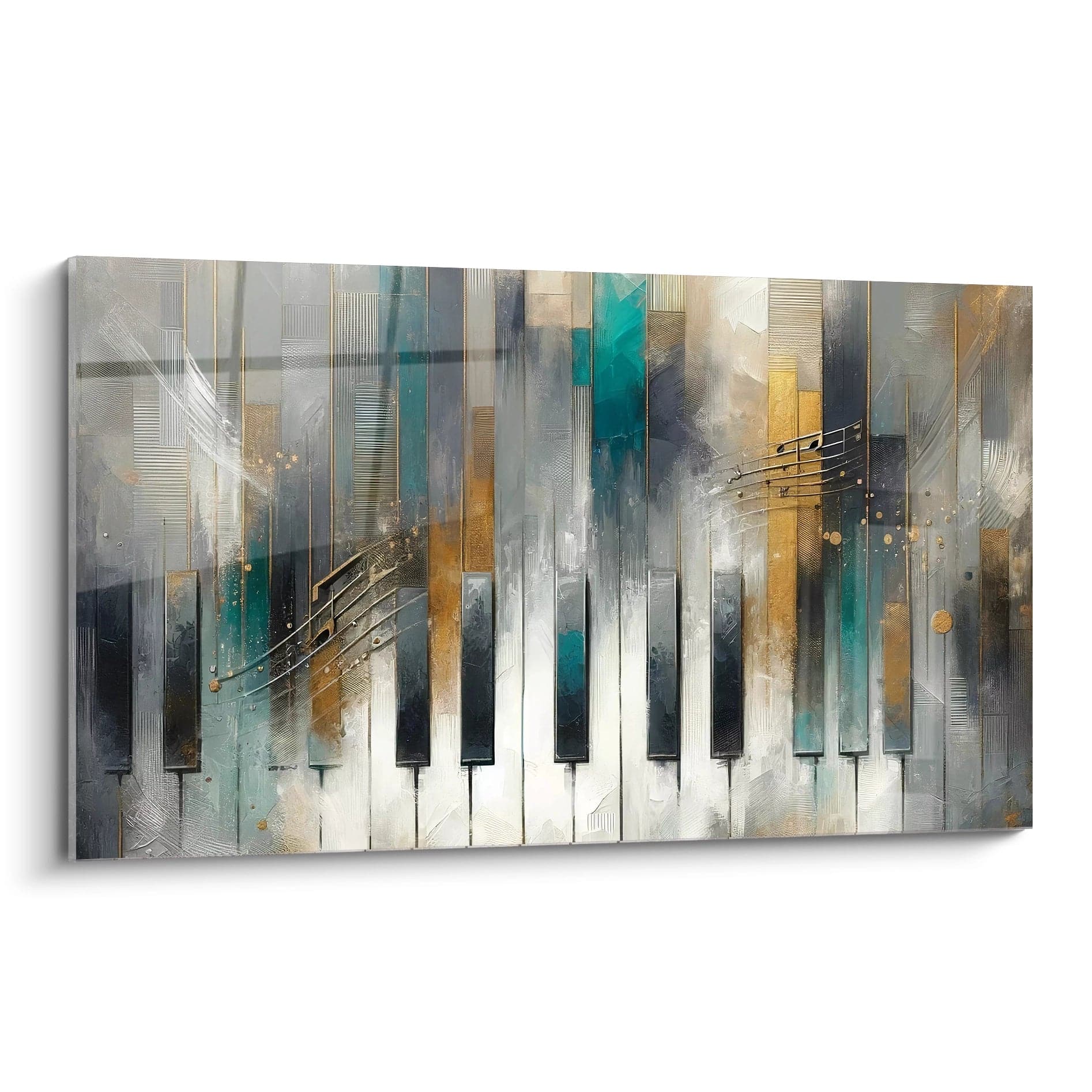 Tableau musique abstrait vu de biais, lignes géométriques et touches dorées s’élèvent en crescendo. Les couleurs turquoise et doré créent une ambiance moderne et vibrante, évoquant la musique urbaine.

