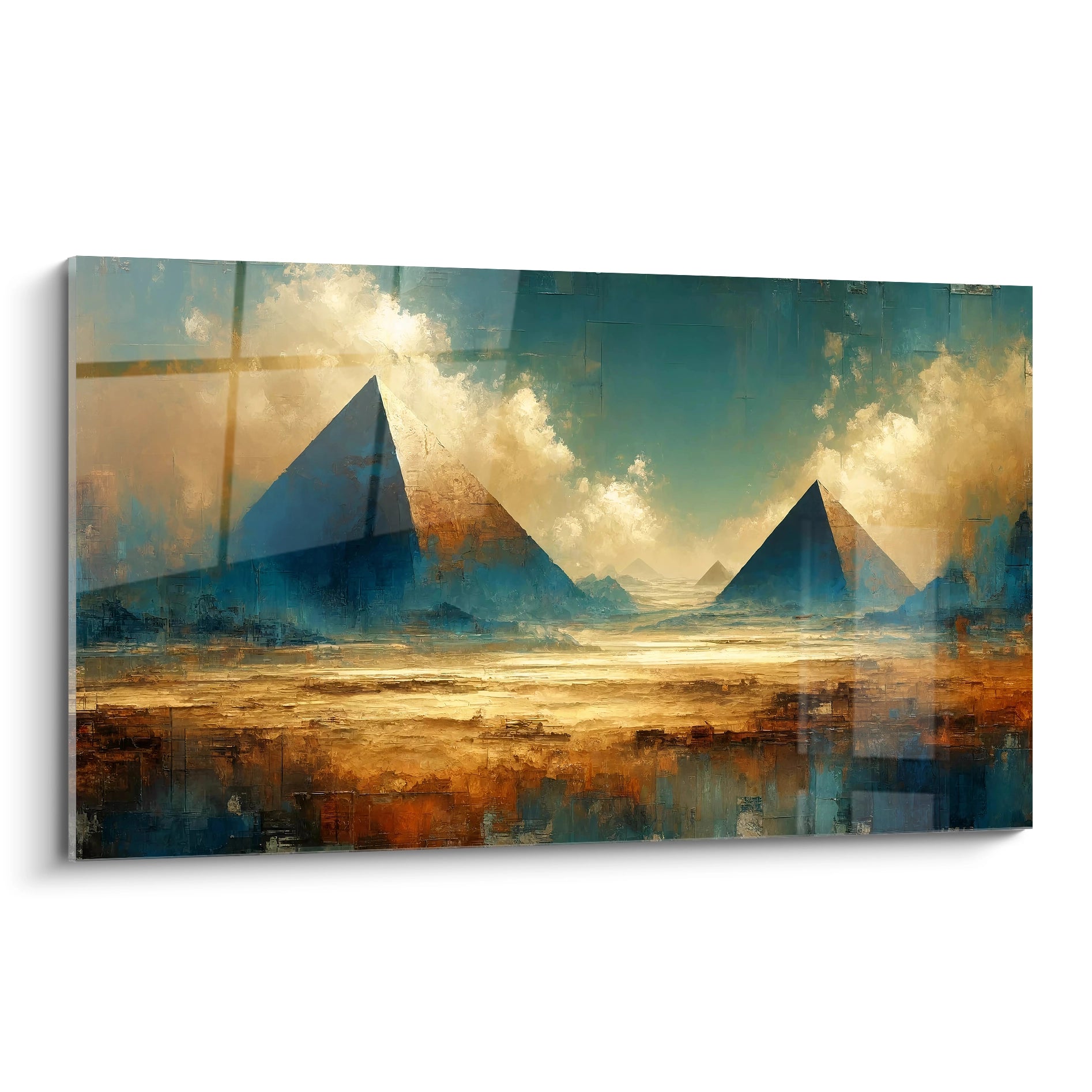 Tableau paysage abstrait inspiré des pyramides d Egypte. Vue de biais, il revele une atmosphère mystique entre le desert et la lumiere du coucher de soleil. Un melange de realisme et abstraction.