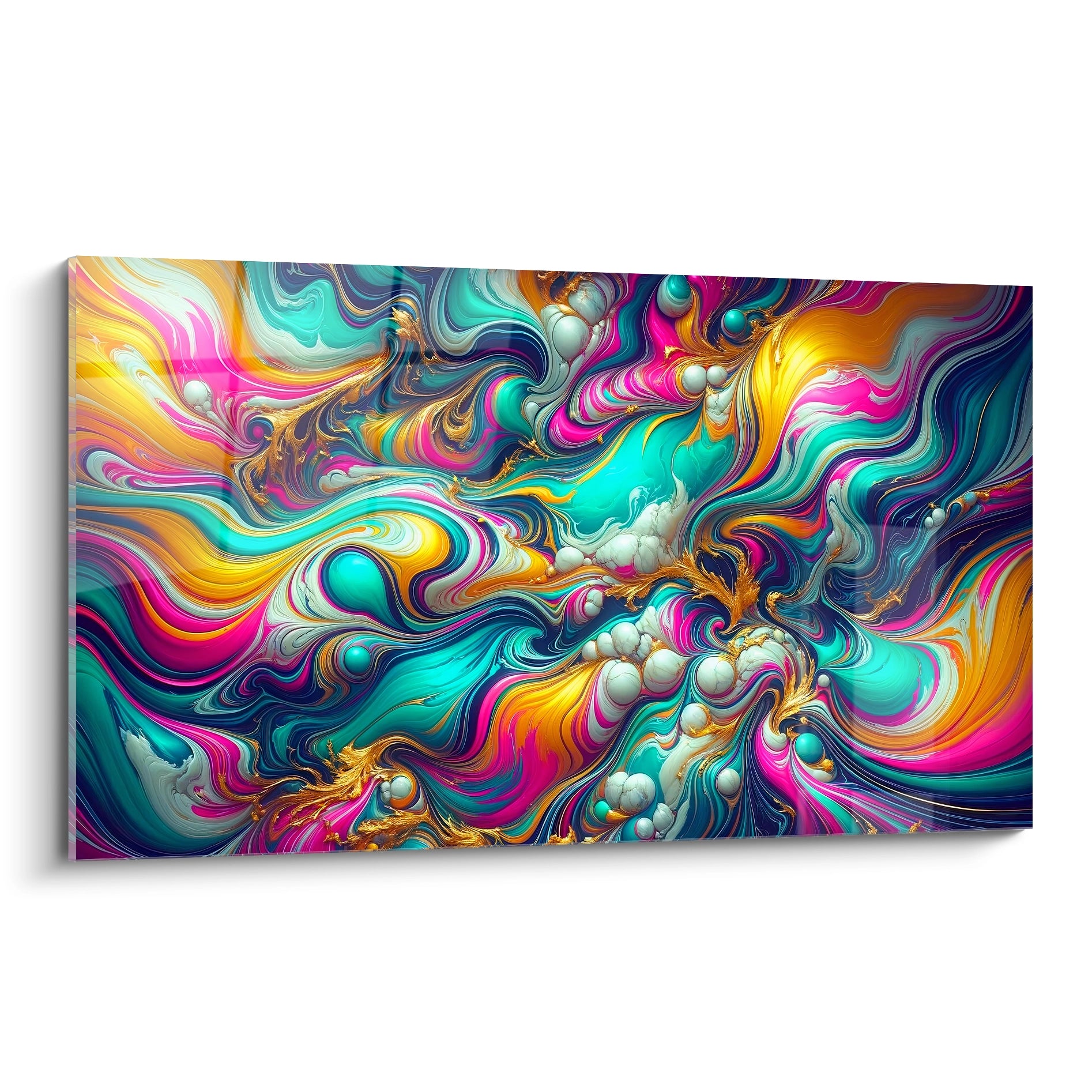 Tableau multicolore contemporain vu de biais, montrant des courbes fluides en turquoise, jaune et rose avec des touches dorées, évoquant le mouvement et la fluidité. Explosion de couleurs vives et élégantes.

