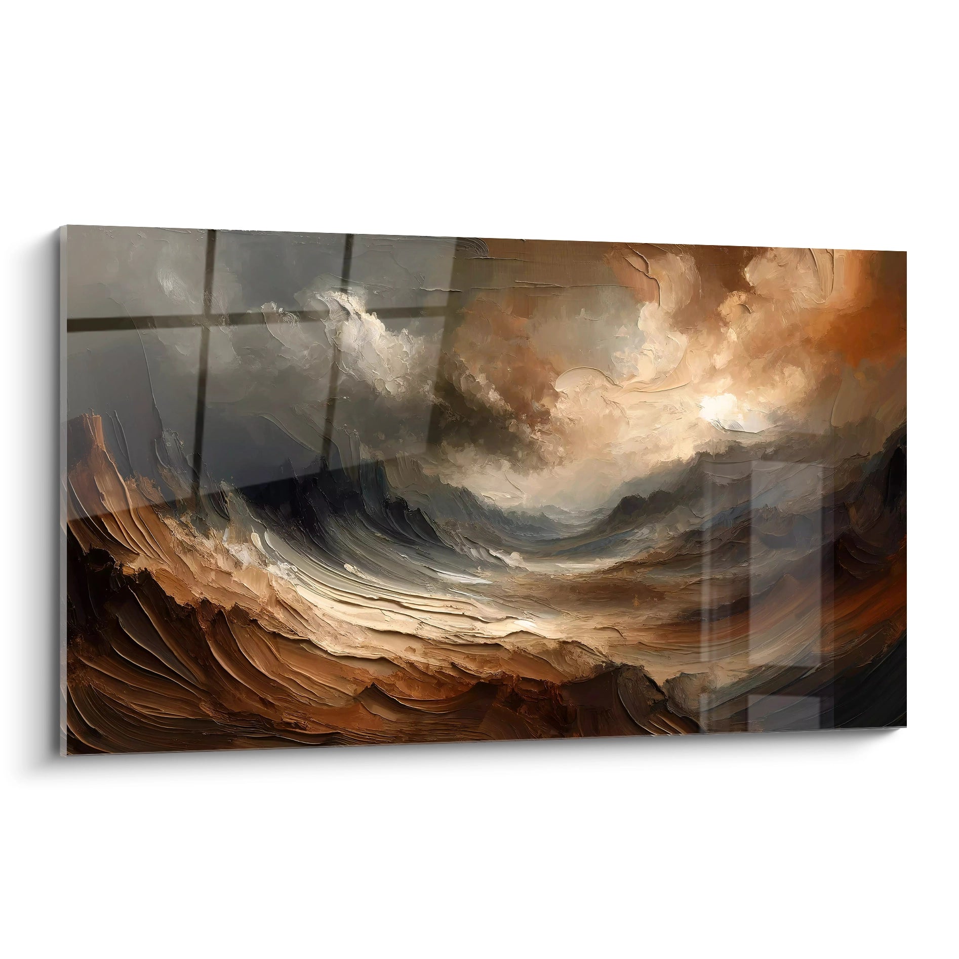 tableau paysage abstrait vu de biais montrant les nuances de marron bronze et gris capturant la puissance des elements naturels ideal pour apporter une touche artistique dramatique a votre interieur

