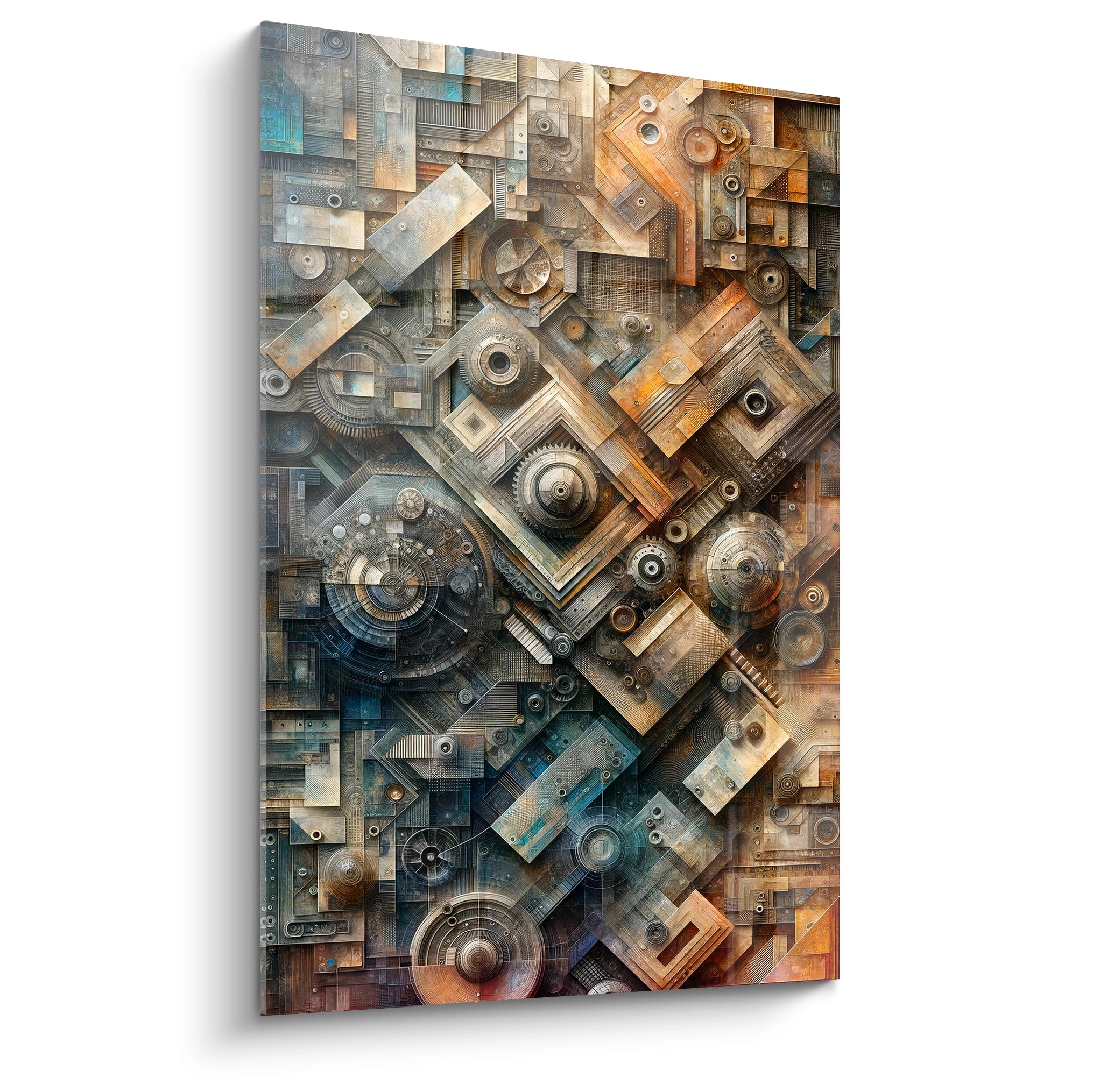 tableau geometrique abstrait vu de biais avec des formes mecaniques imbriquees rappelant des engrenages couleurs orange gris bronze texture industrielle ambiance steampunk representation de la complexite des mondes invisibles

