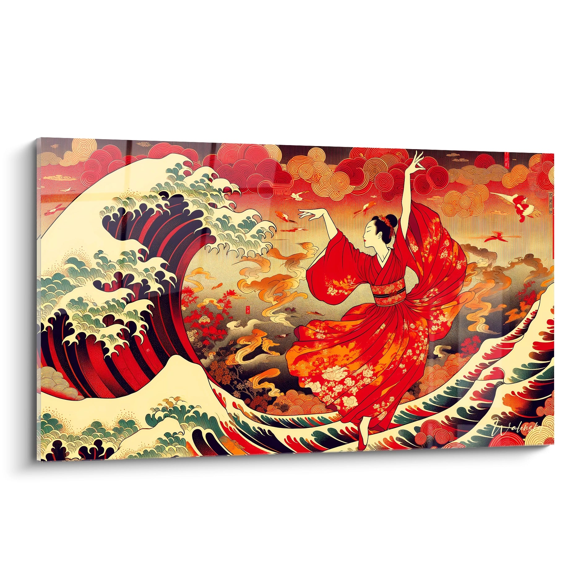 Ce tableau asie presente une danseuse en kimono rouge vibrant face a une vague majestueuse nuances de bleu et or details floraux et lignes nettes inspirent elegance et energie

