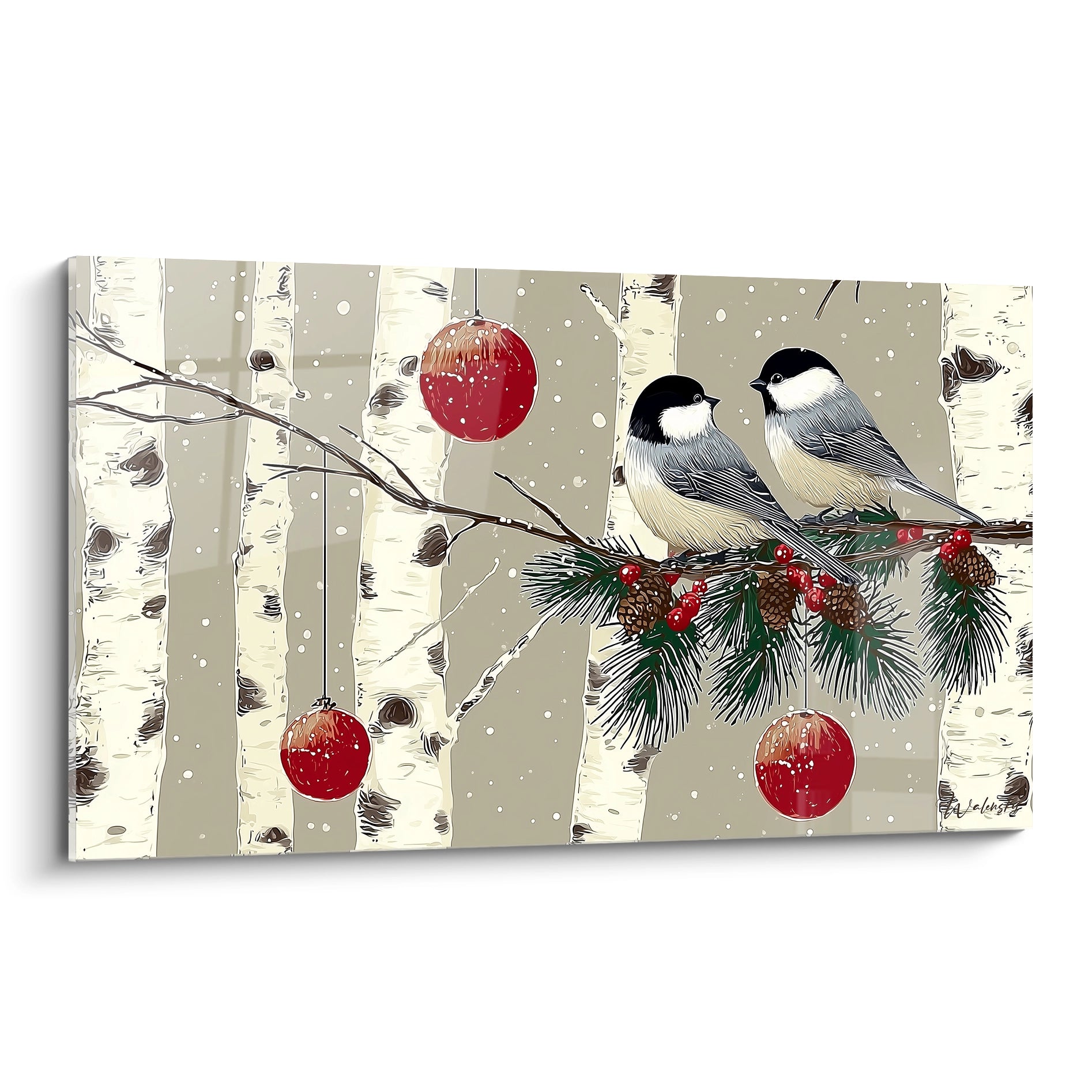 Tableau oiseaux manteau blanc Noël avec oiseaux sur une branche de pin et décorations hivernales