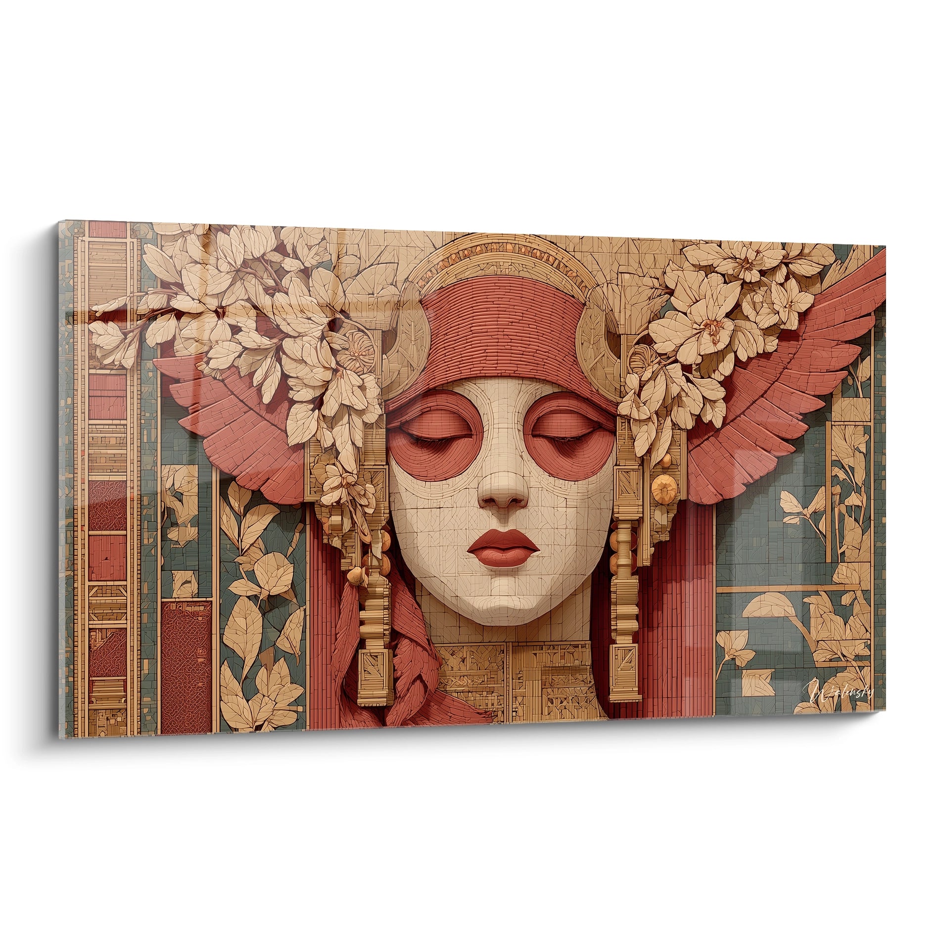 tableau art nouveau visage déesse mural Walensky femme stylisée fleurs et ailes décoratives