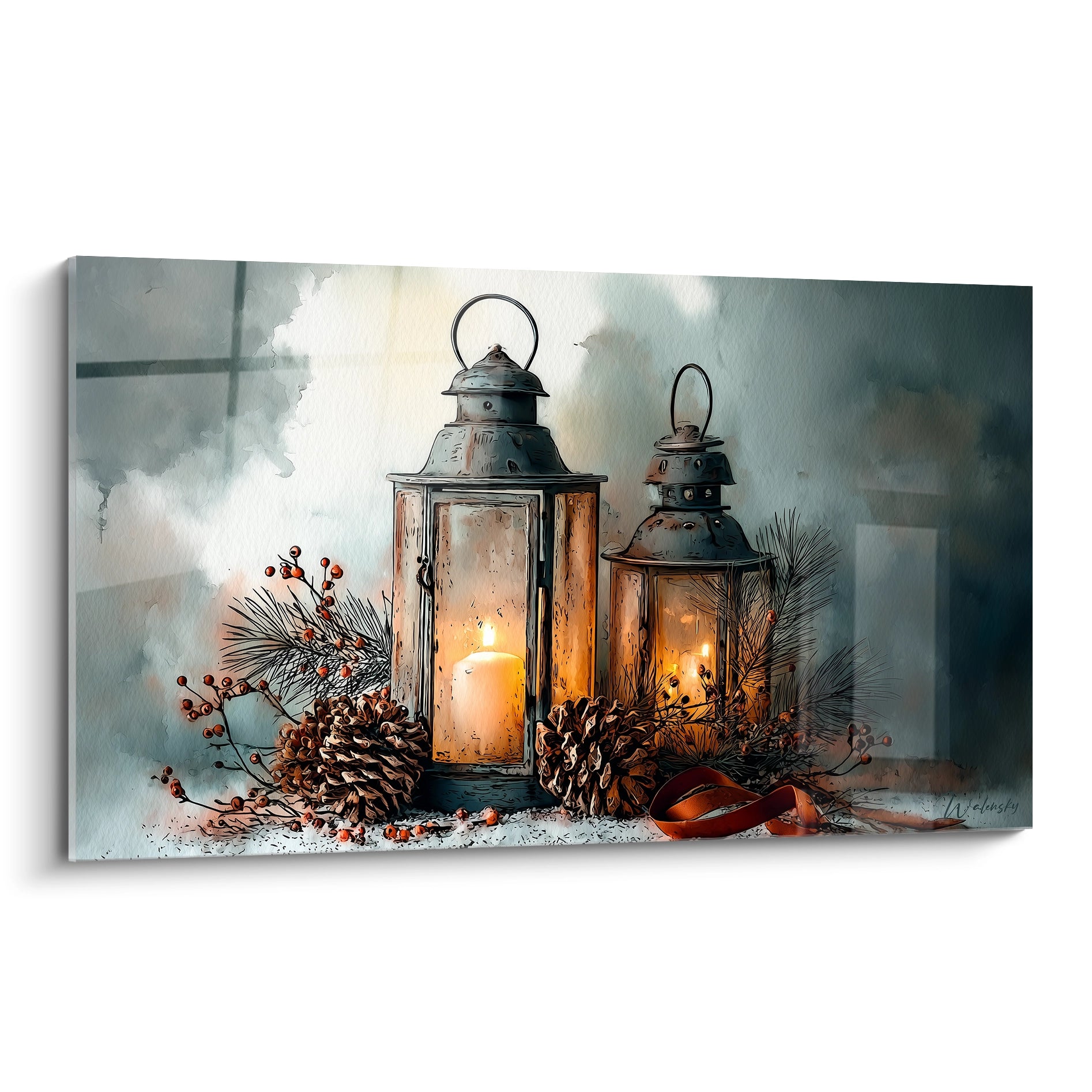 Tableau lanternes Noël avec bougies, pommes de pin et décorations hivernales pour une ambiance festive