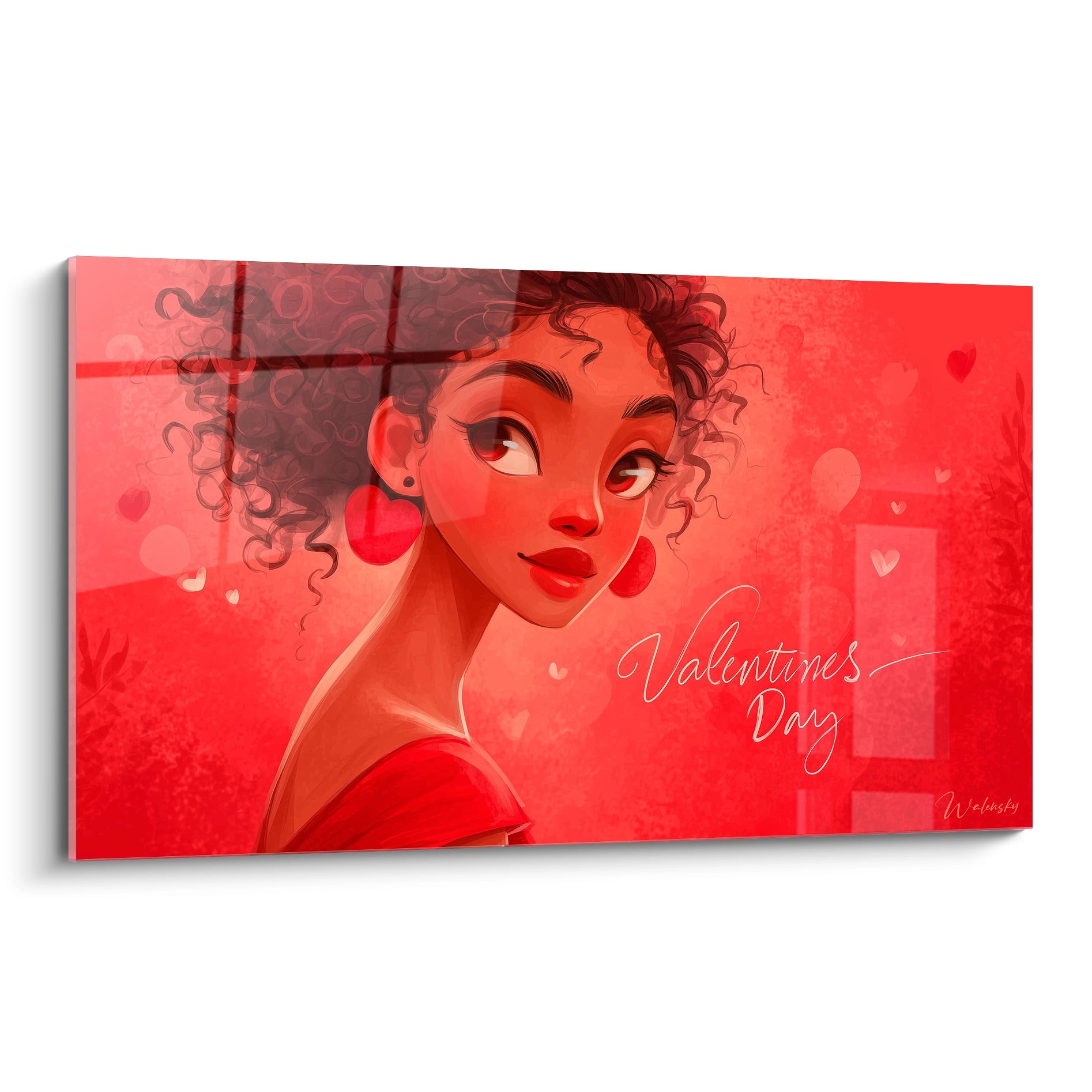 Tableau mural Walensky portrait illustré d une femme aux boucles coeur fond rouge tableau femme séduction saint valentin