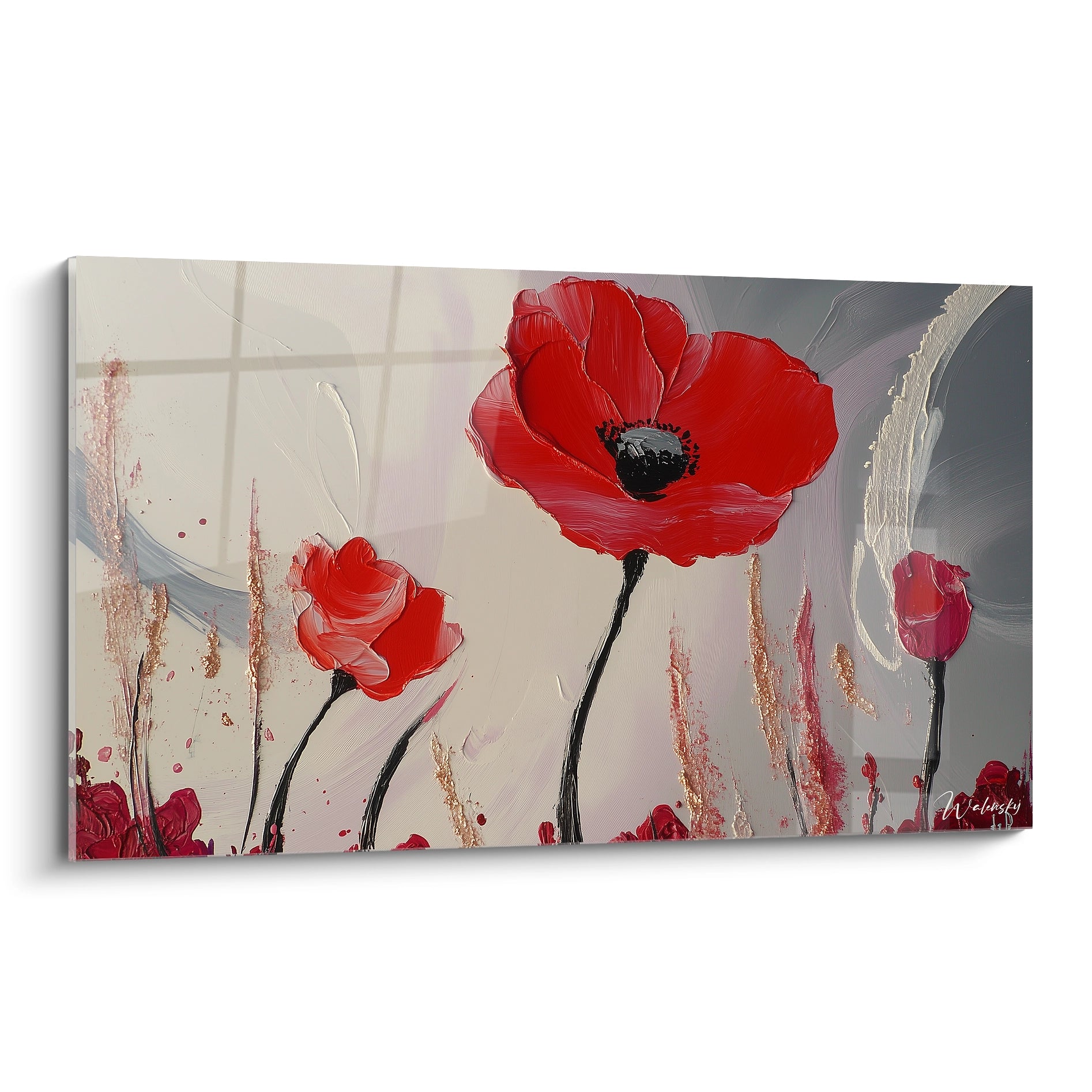 Un tableau coquelicot nature représentant des fleurs rouges aux pétales texturés, sur un fond gris et blanc aux touches abstraites, avec des effets de relief et des traces de pinceau visibles.

