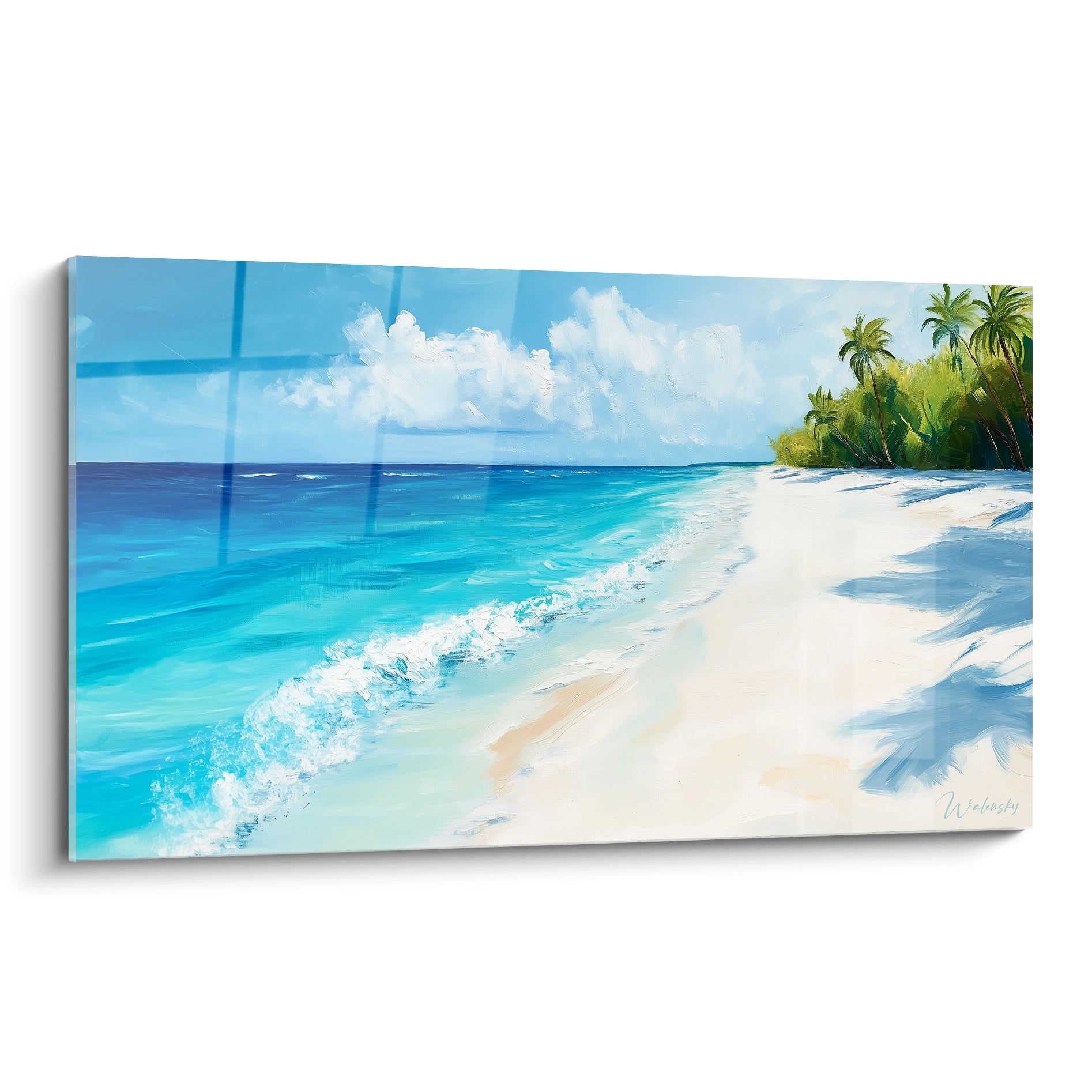 Un tableau plage représentant une scène tropicale avec océan turquoise, sable blanc immaculé, palmiers verts sur la droite et ciel bleu avec nuages blancs cotonneux
