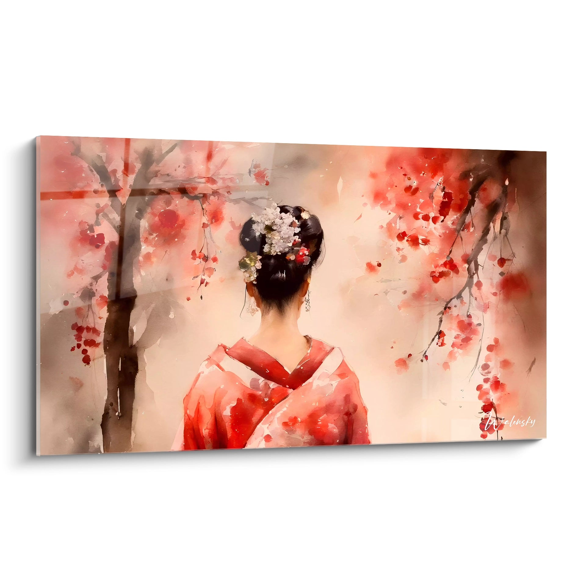 Tableau asie vu de biais avec une femme en kimono rouge et fleurs de cerisier sur fond rouge et beige subtils.

