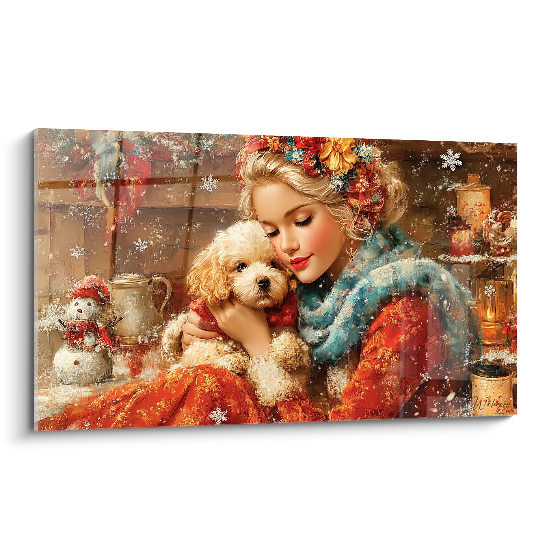 Tableau art mural femme chien Noël, représentant une femme tenant un chiot dans une ambiance festive