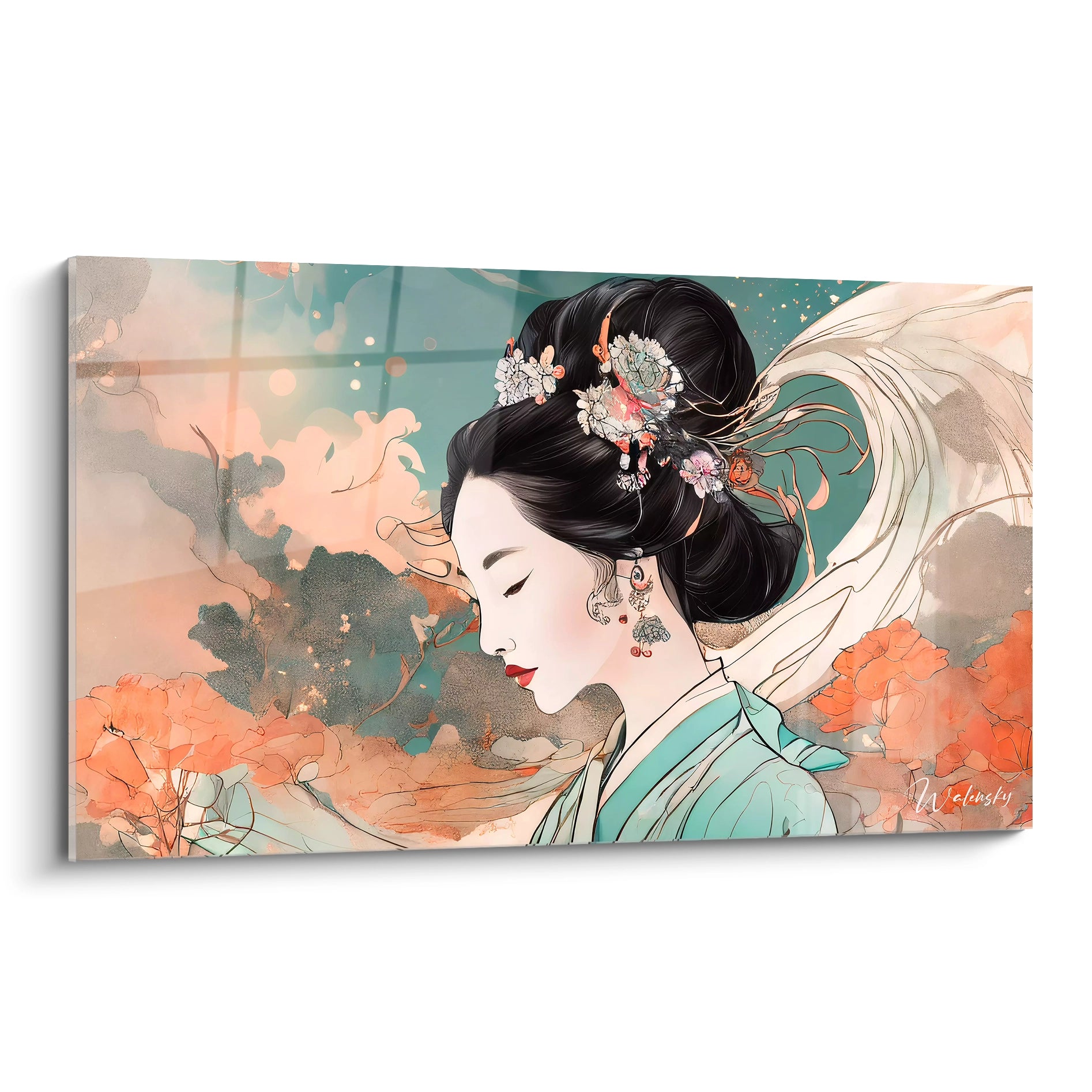 "Tableau en verre acrylique de la collection Japon / Asiatique, vue de biais, affichant des motifs traditionnels japonais avec des couleurs vibrantes. Art mural asiatique pour décoration intérieure."